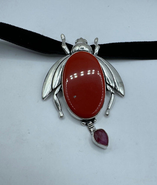 Vintage Boho Silver Red Coral Bug Choker Necklace Black Velvet Choker