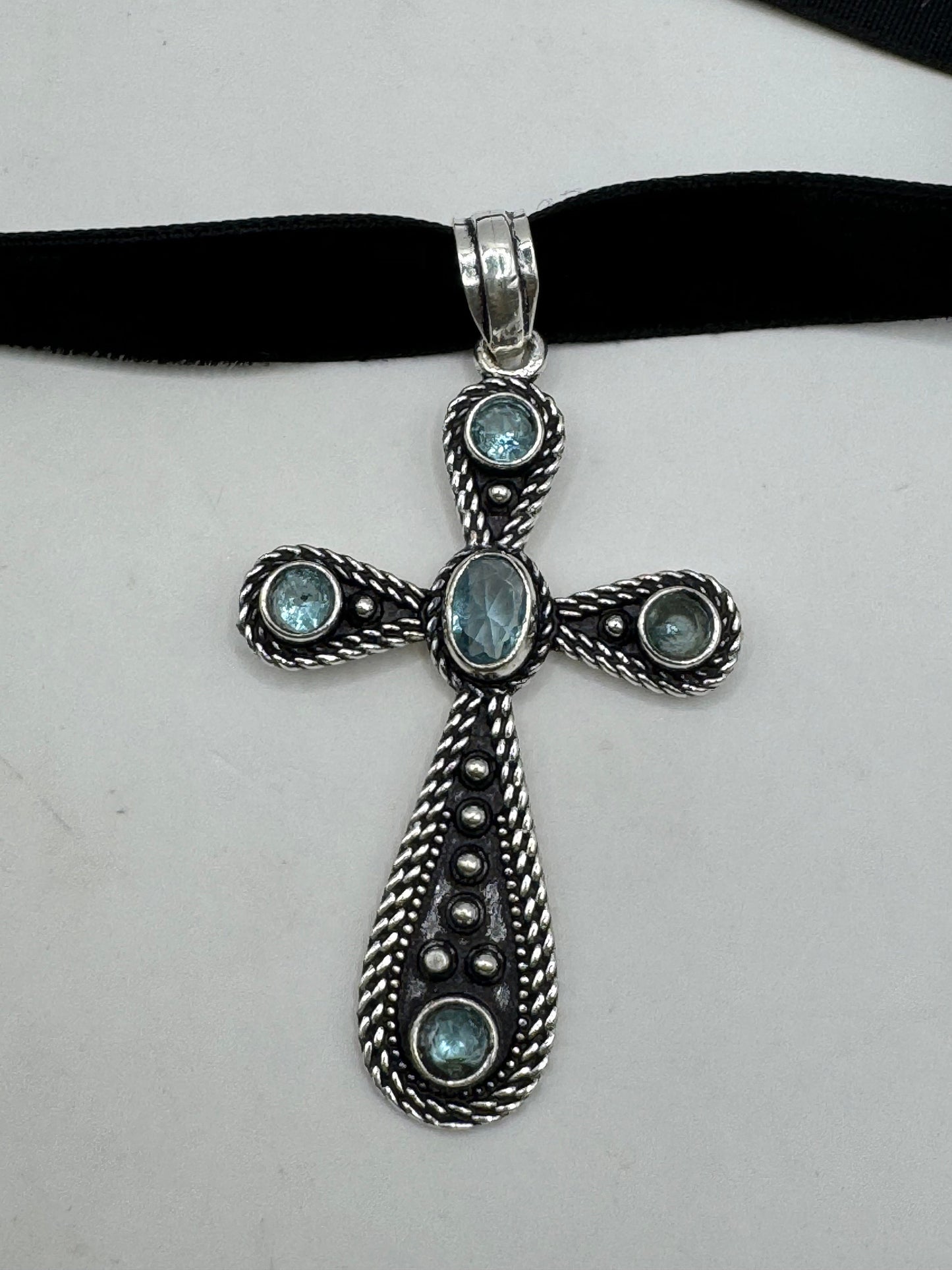 Vintage Blue Topaz Cross Choker Black Velvet Ribbon Pendant