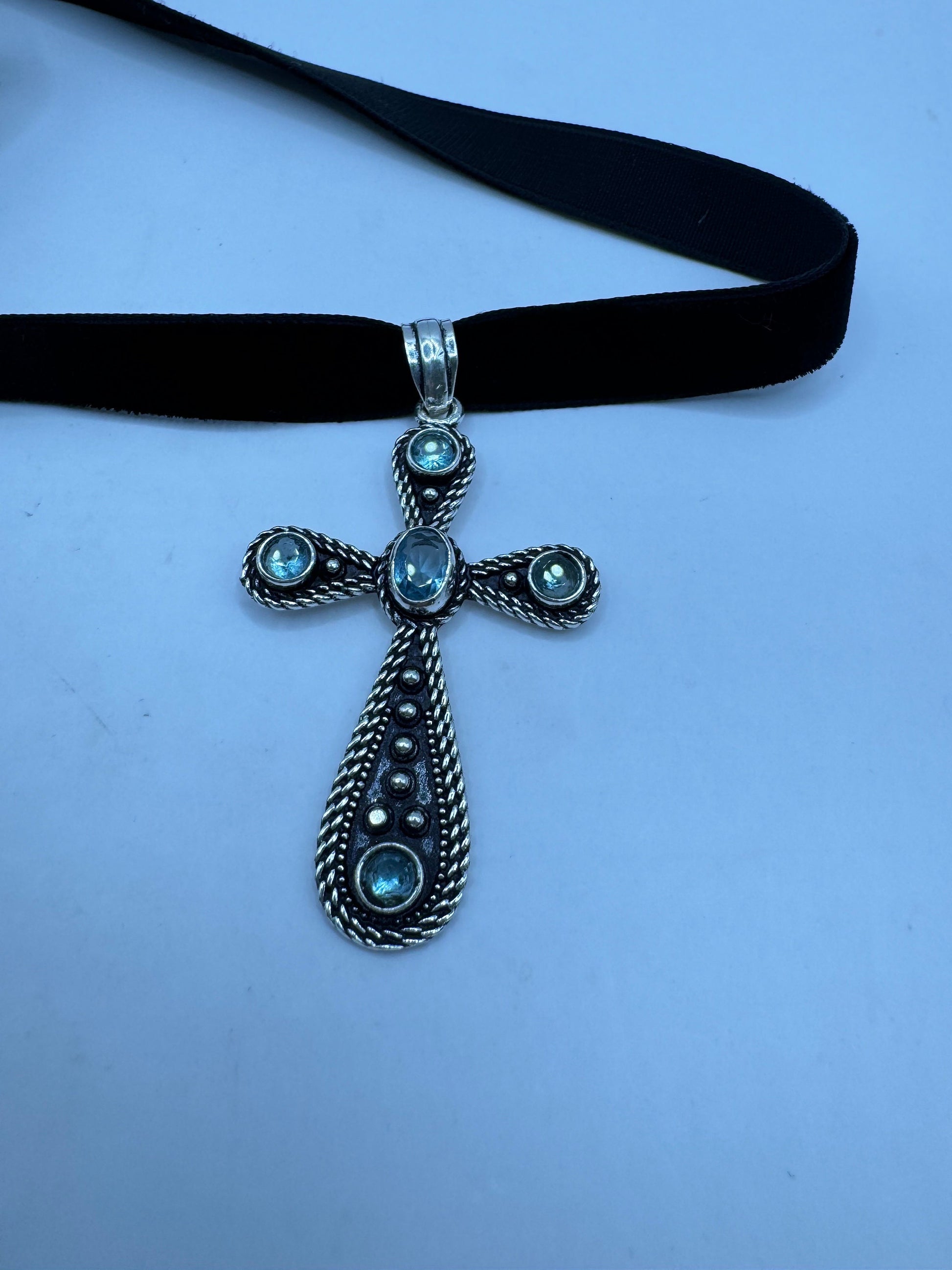 Vintage Blue Topaz Cross Choker Black Velvet Ribbon Pendant