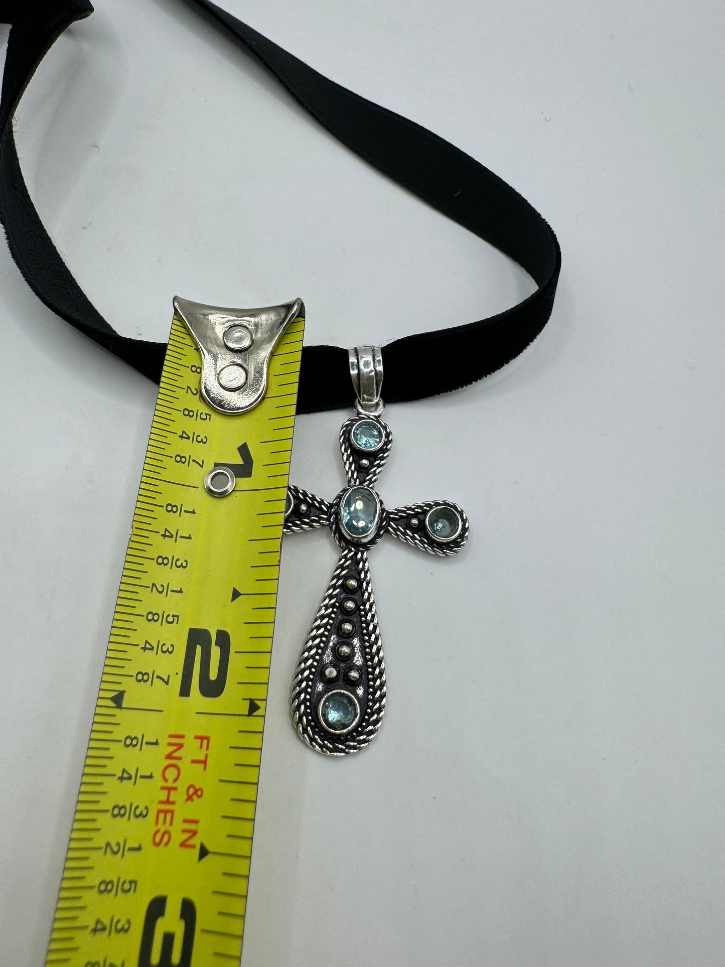 Vintage Blue Topaz Cross Choker Black Velvet Ribbon Pendant