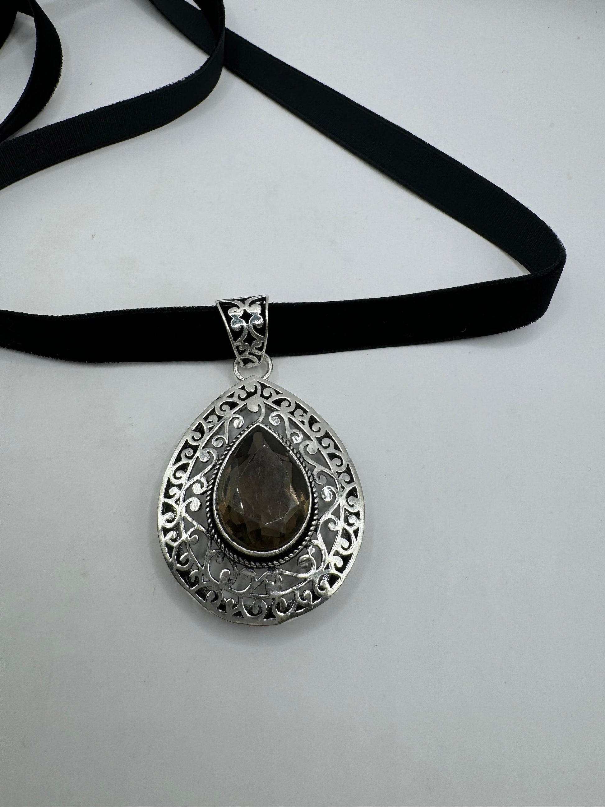 Vintage Smoky Silver Necklace Choker Black Velevet Ribbon