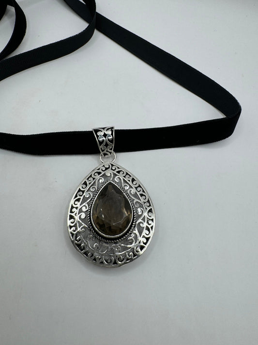 Vintage Smoky Silver Necklace Choker Black Velevet Ribbon