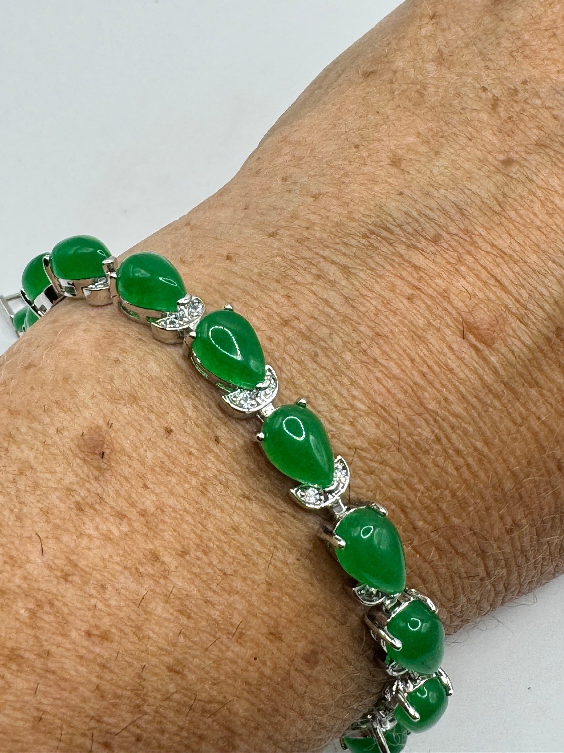 Vintage Green Jade Tennis Bracelet Silver Bronze