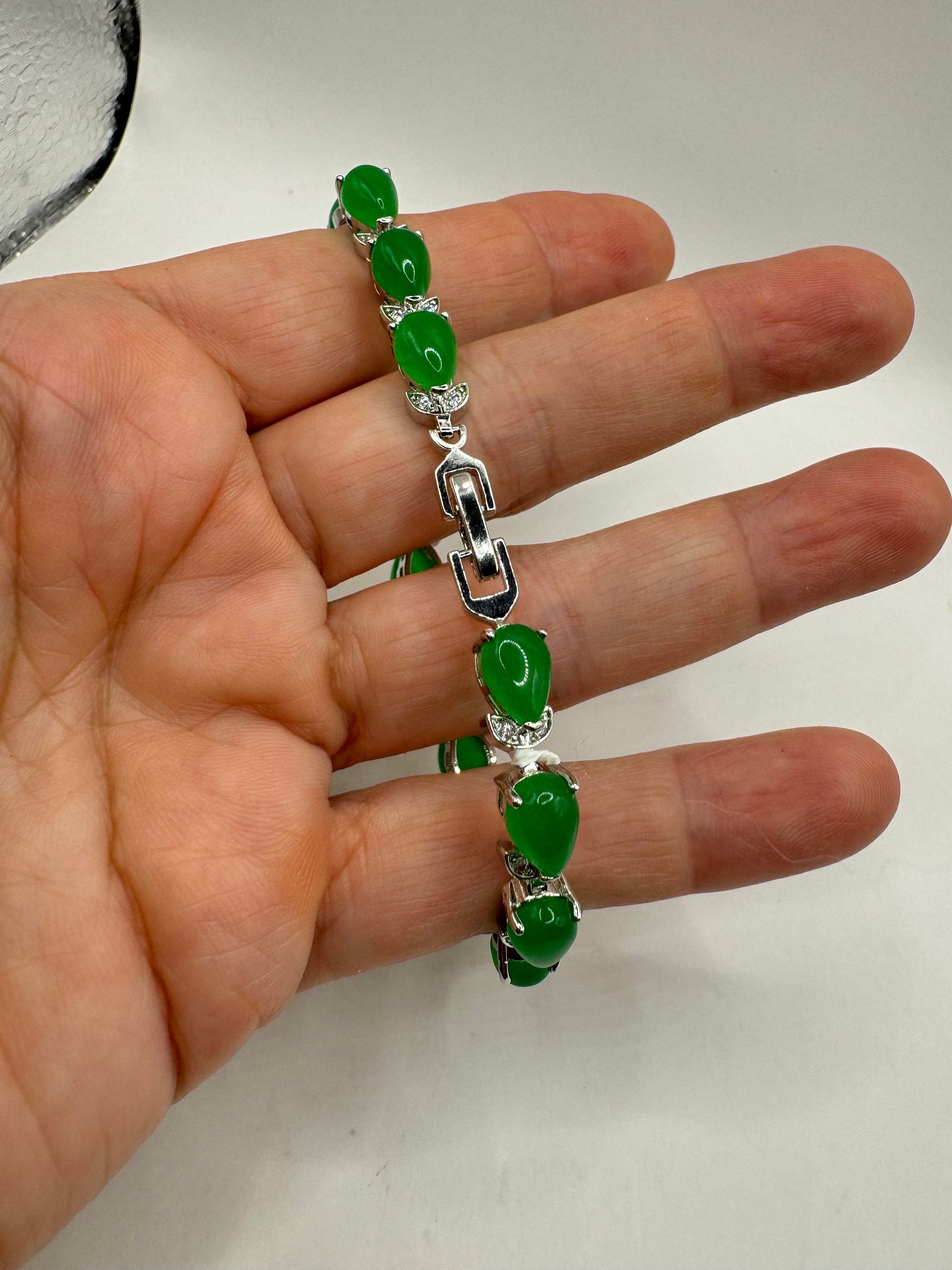 Vintage Green Jade Tennis Bracelet Silver Bronze