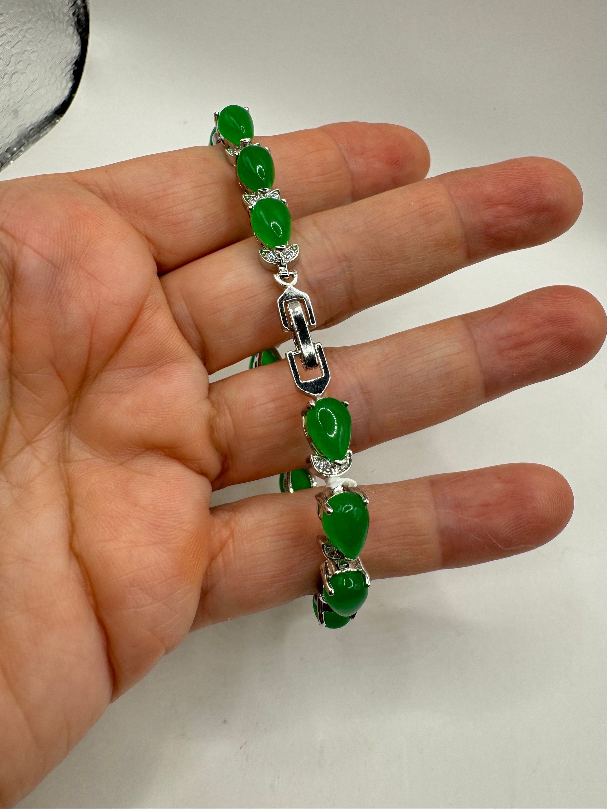 Vintage Green Jade Tennis Bracelet Silver Bronze