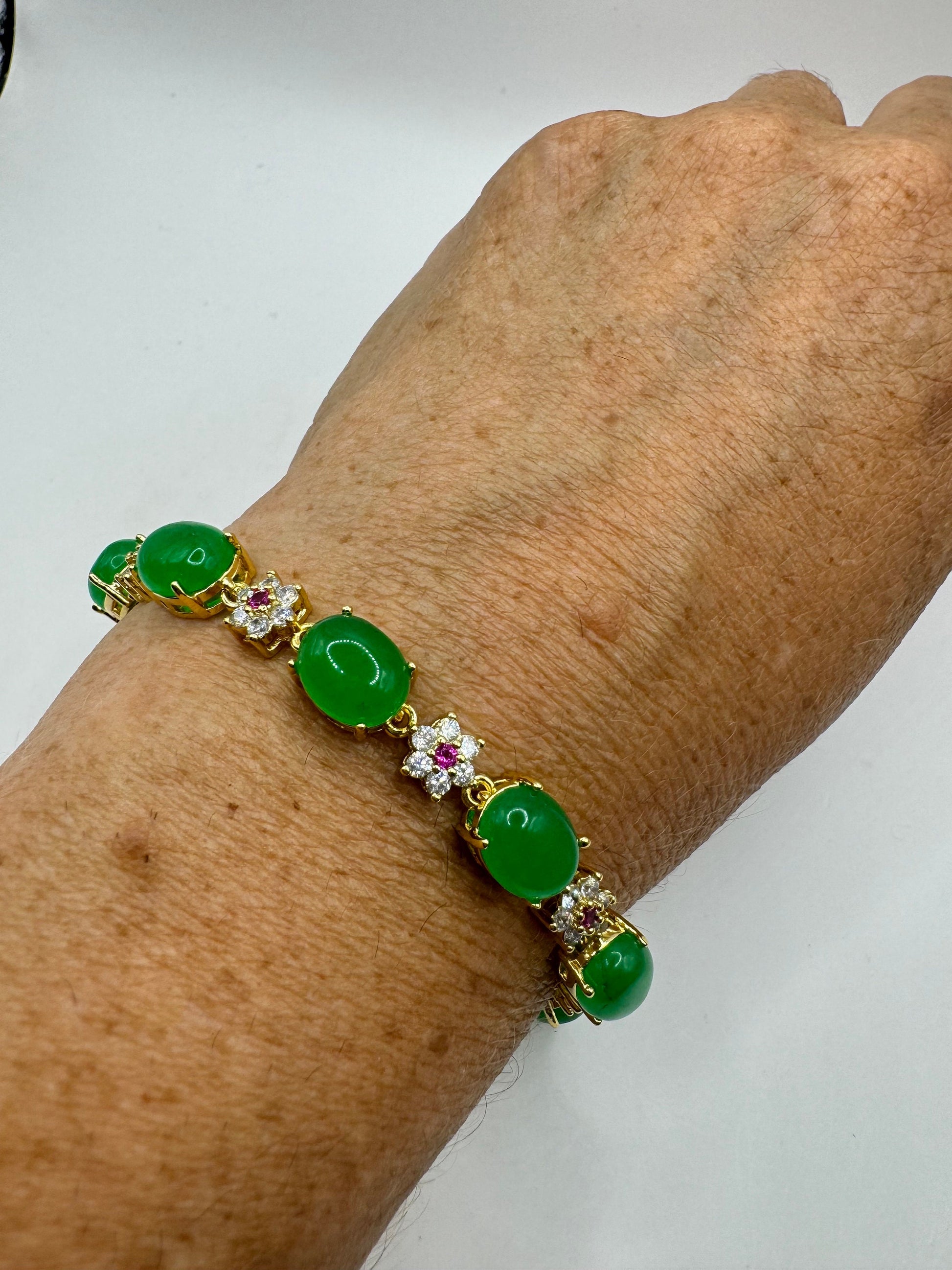 Vintage Green Jade Tennis Bracelet Gold Bronze