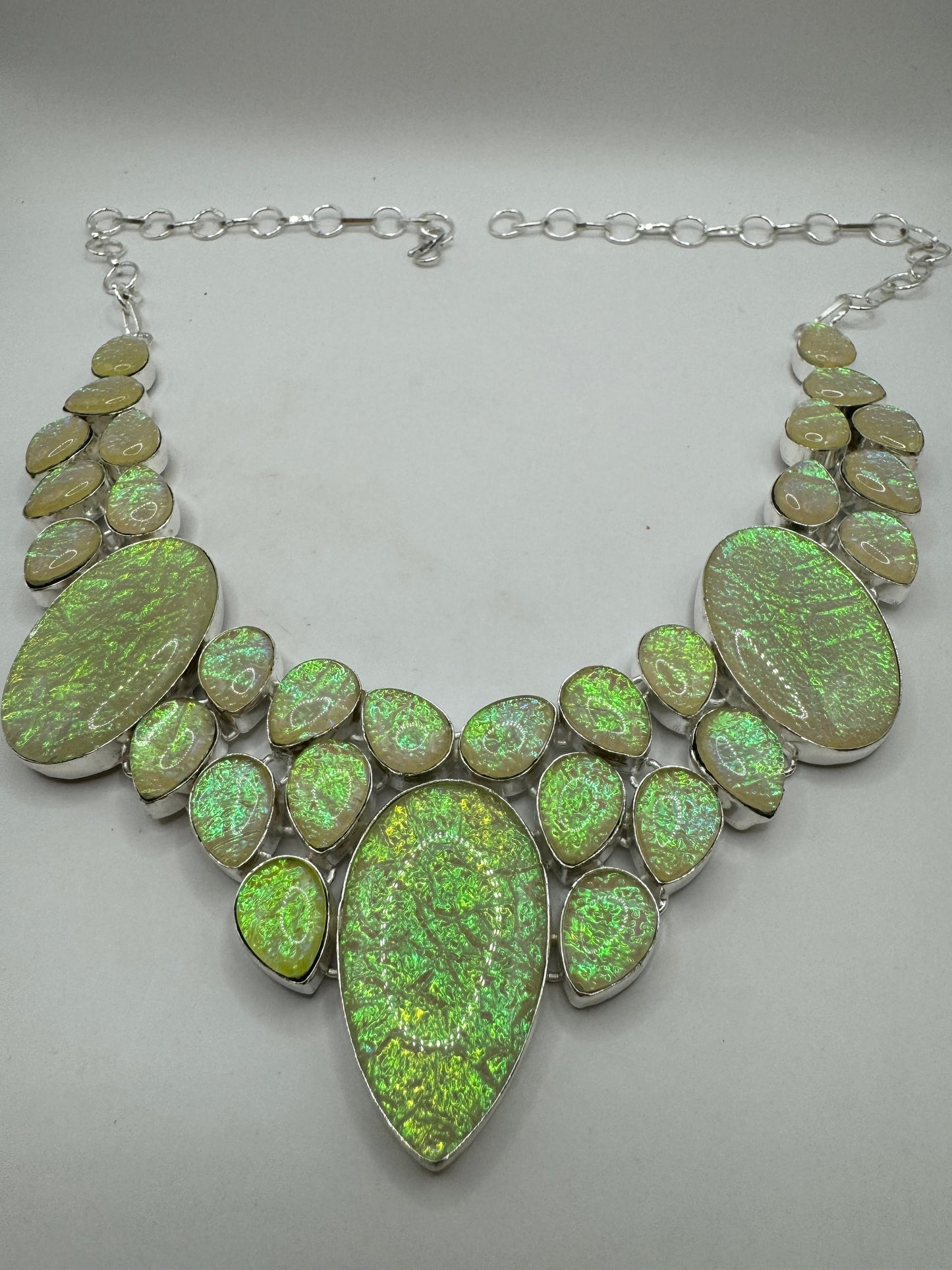 Vintage Opal Glass Statement Choker Silver Collar Bib Necklace