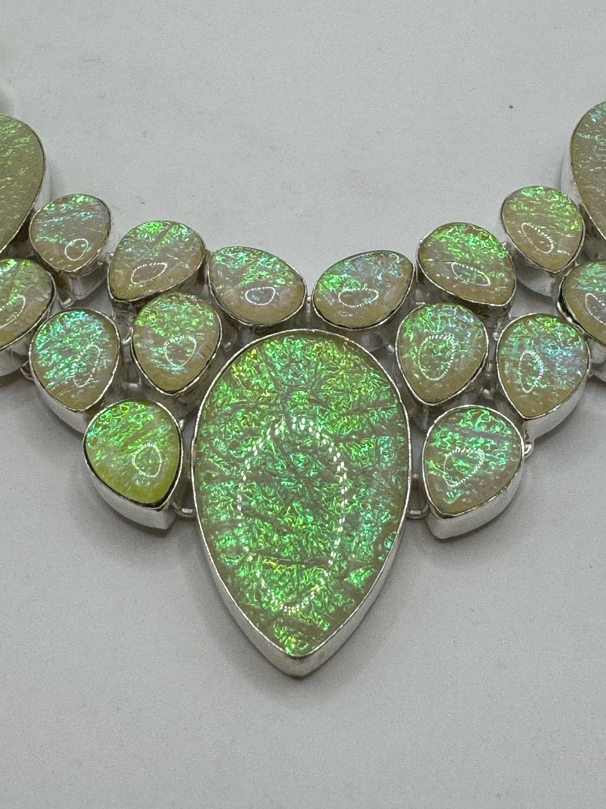 Vintage Opal Glass Statement Choker Silver Collar Bib Necklace