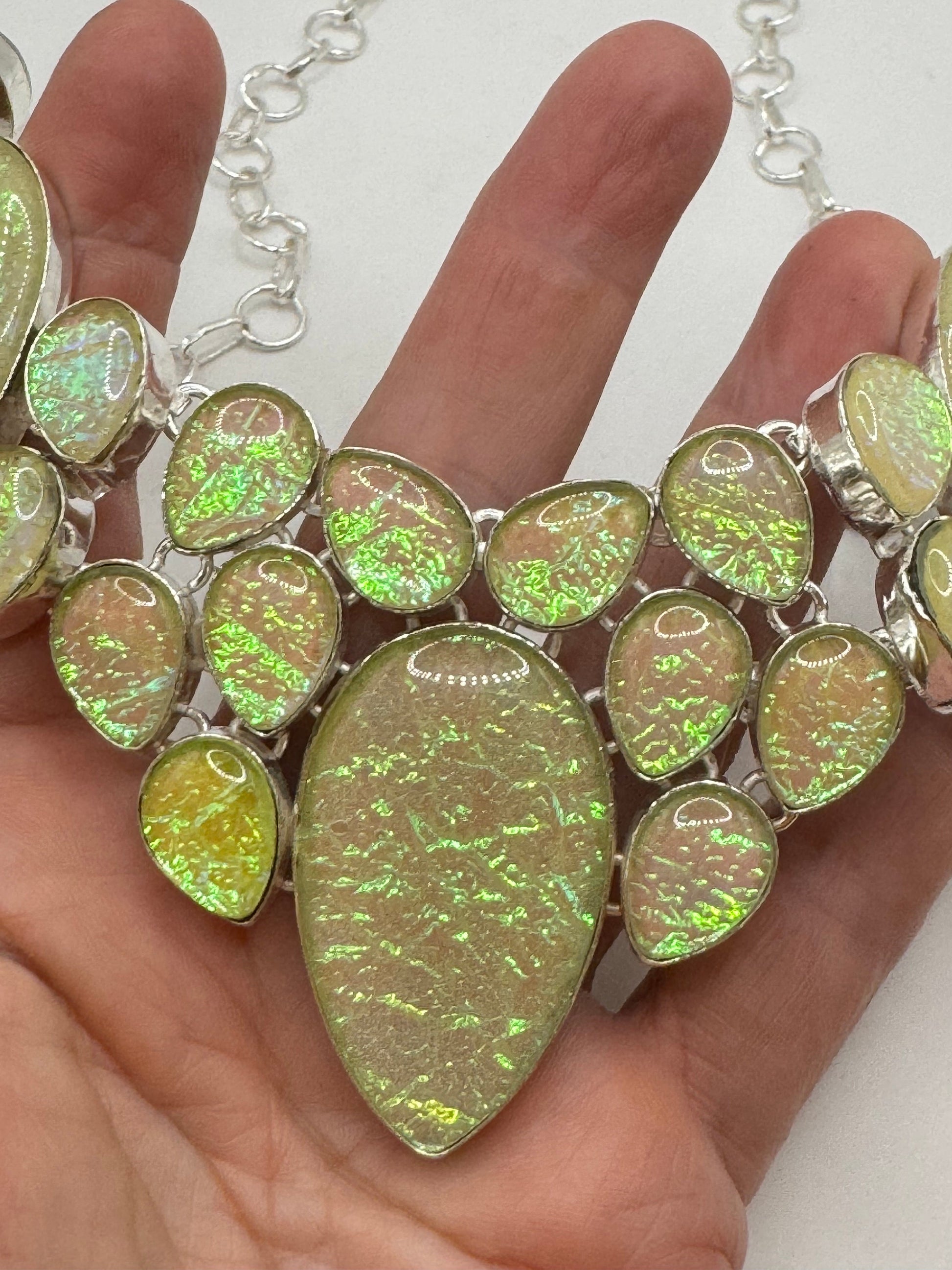 Vintage Opal Glass Statement Choker Silver Collar Bib Necklace