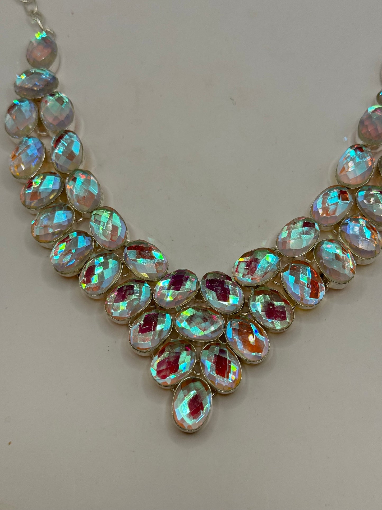 Vintage Opal Glass Statement Choker Silver Collar Bib Necklace