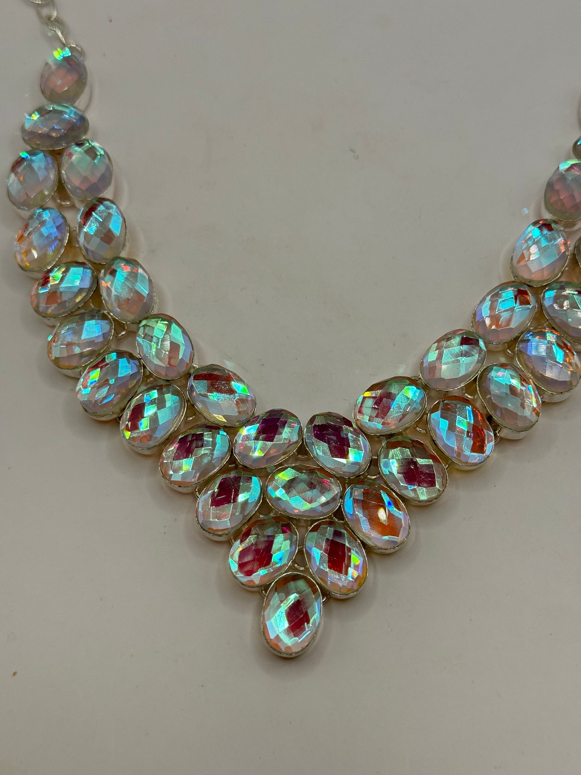 Vintage Opal Glass Statement Choker Silver Collar Bib Necklace
