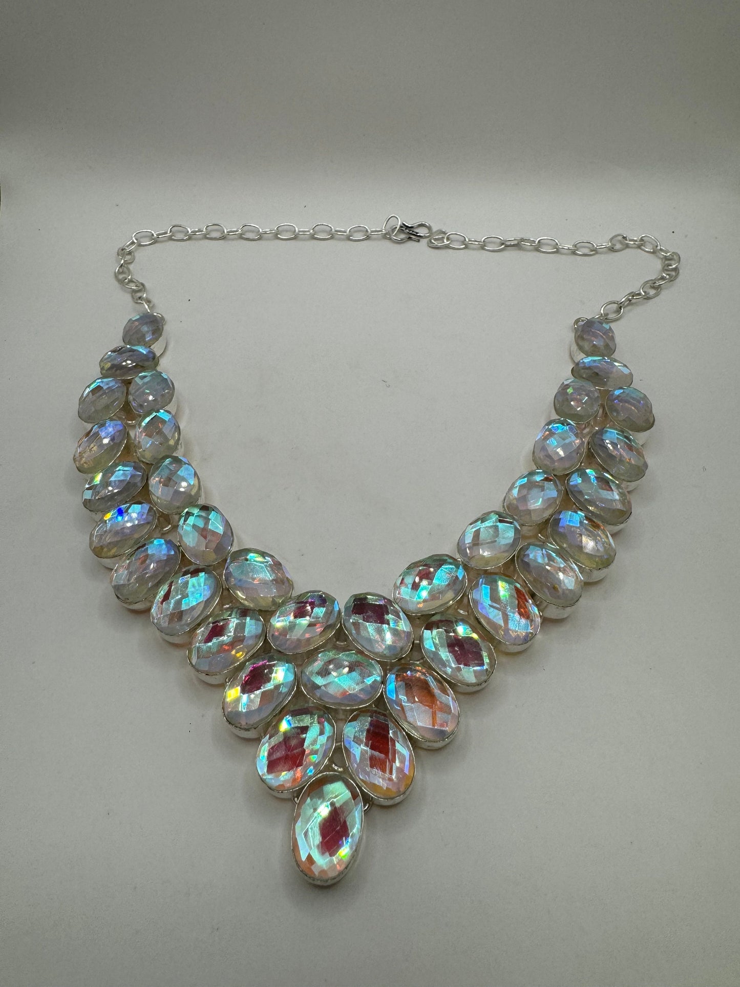 Vintage Opal Glass Statement Choker Silver Collar Bib Necklace