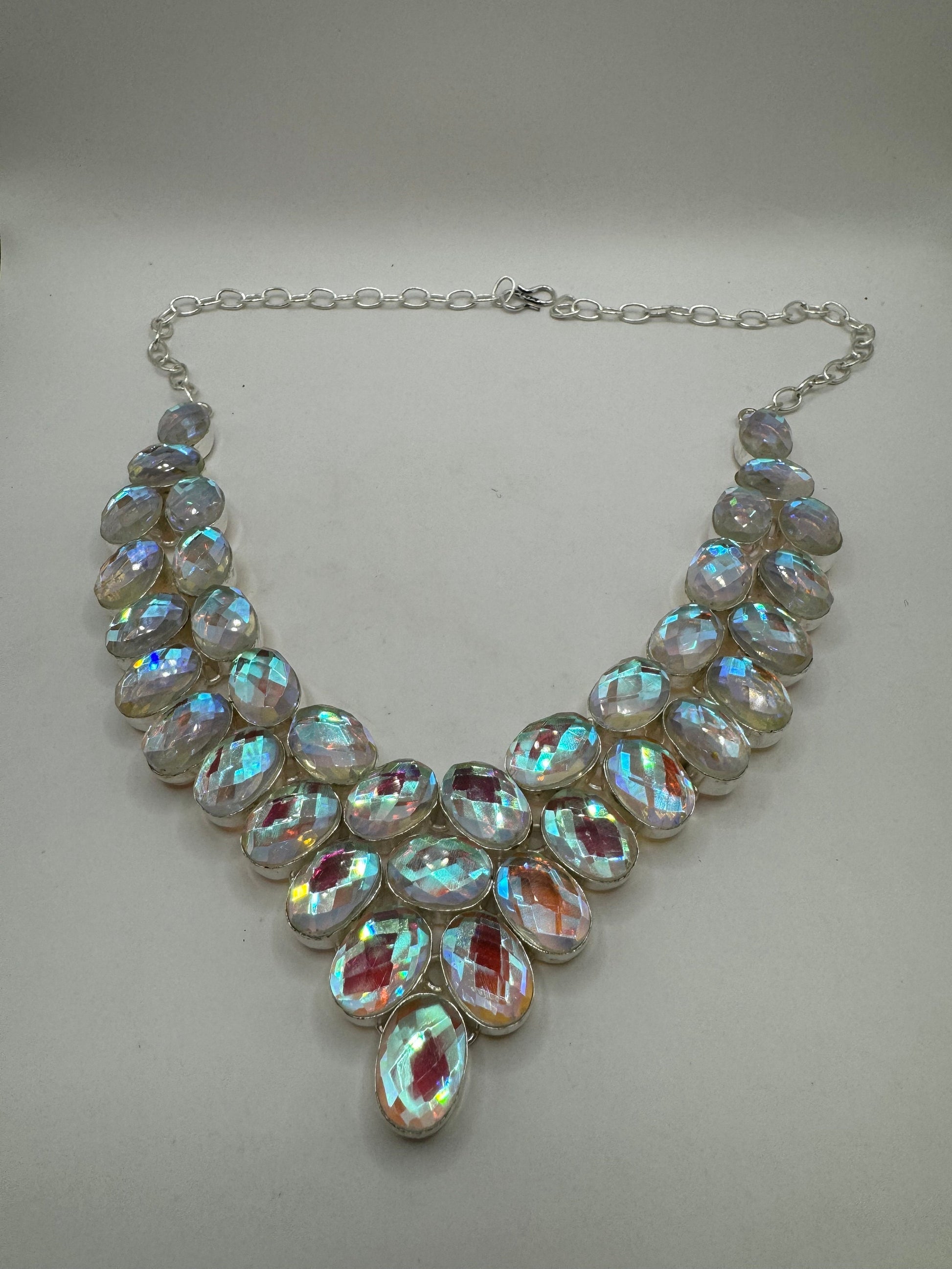 Vintage Opal Glass Statement Choker Silver Collar Bib Necklace