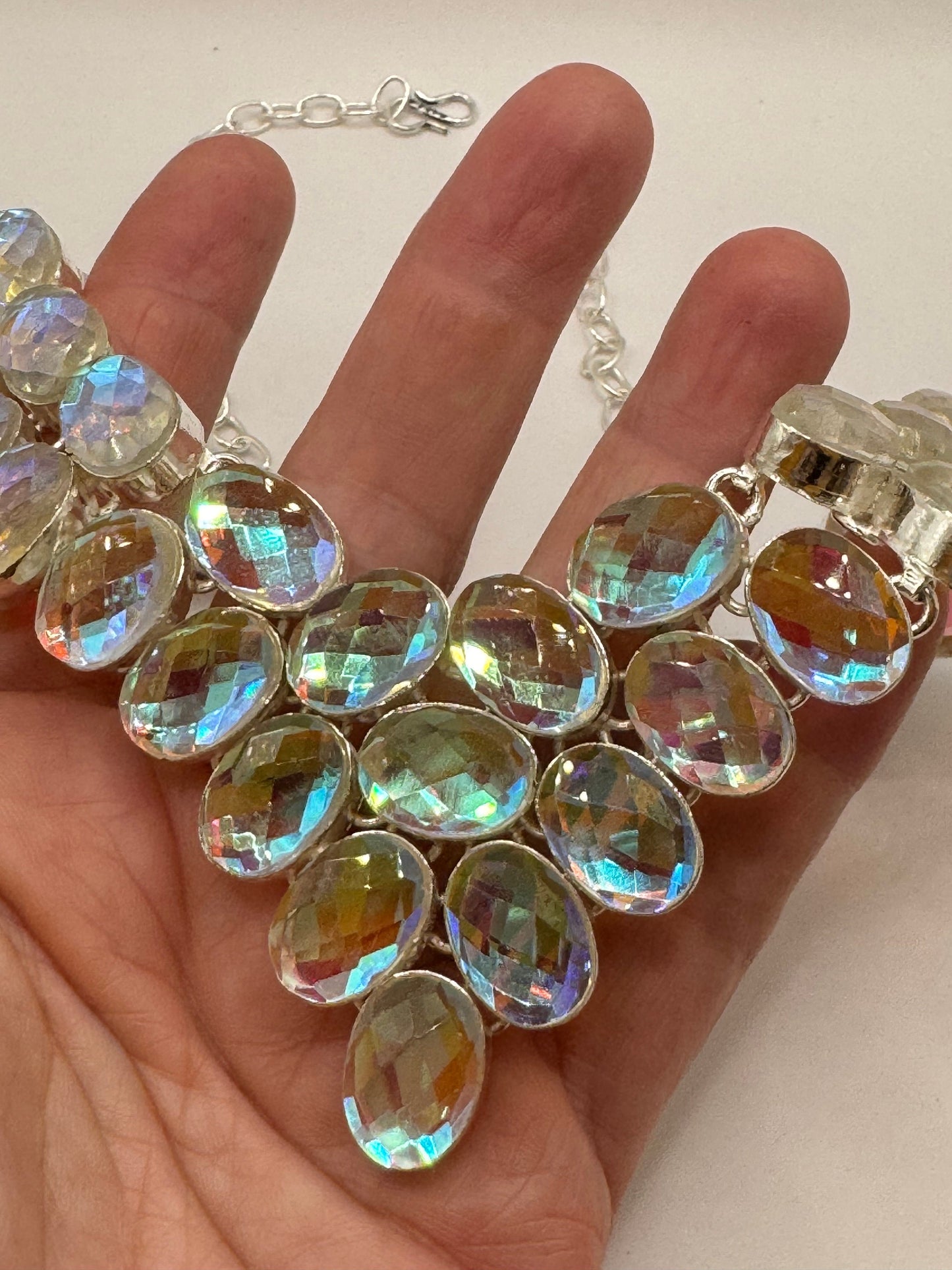 Vintage Opal Glass Statement Choker Silver Collar Bib Necklace