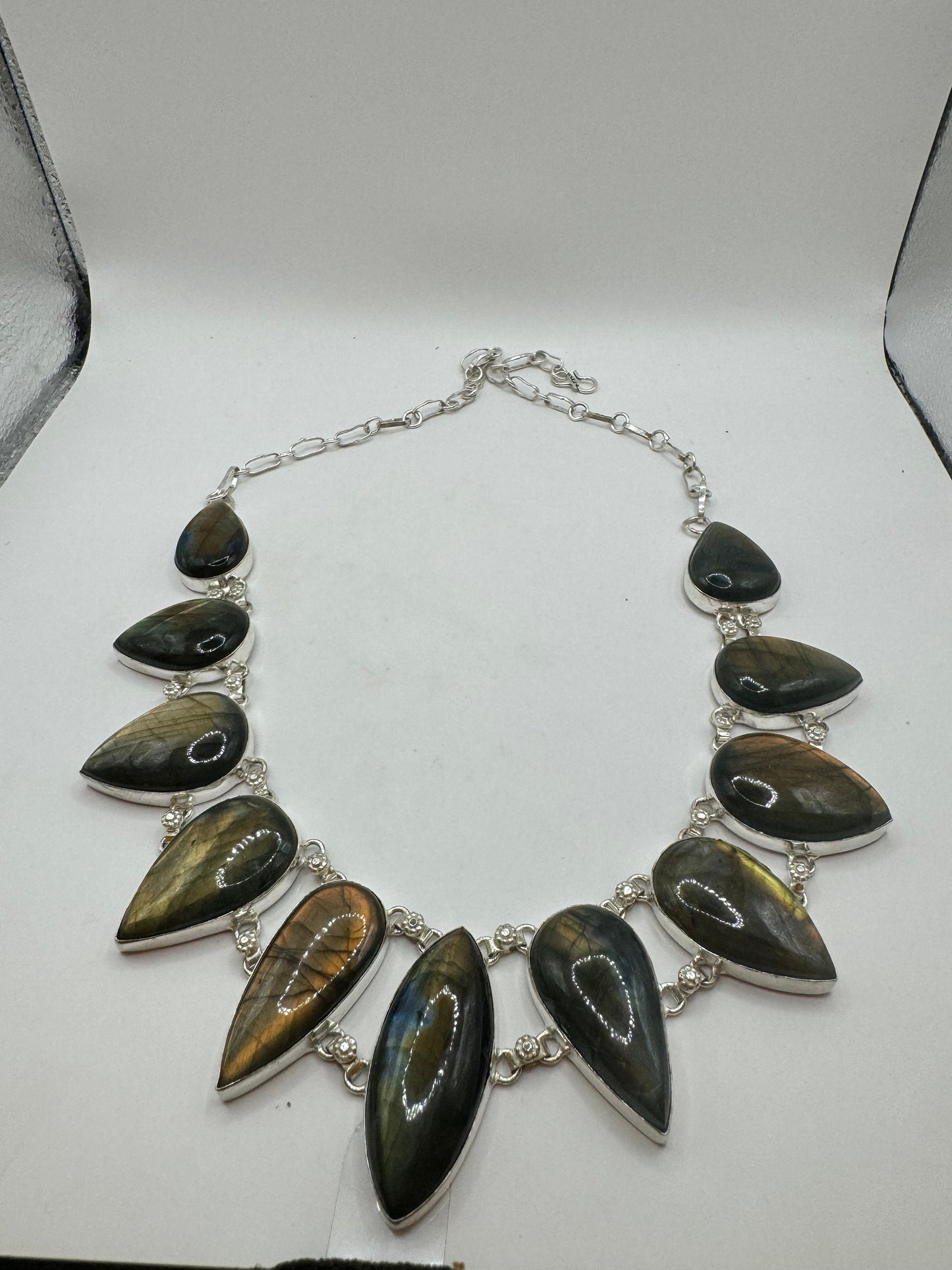 Vintage Silver Genuine Rainbow Labradorite Statement Collar Choker Necklace
