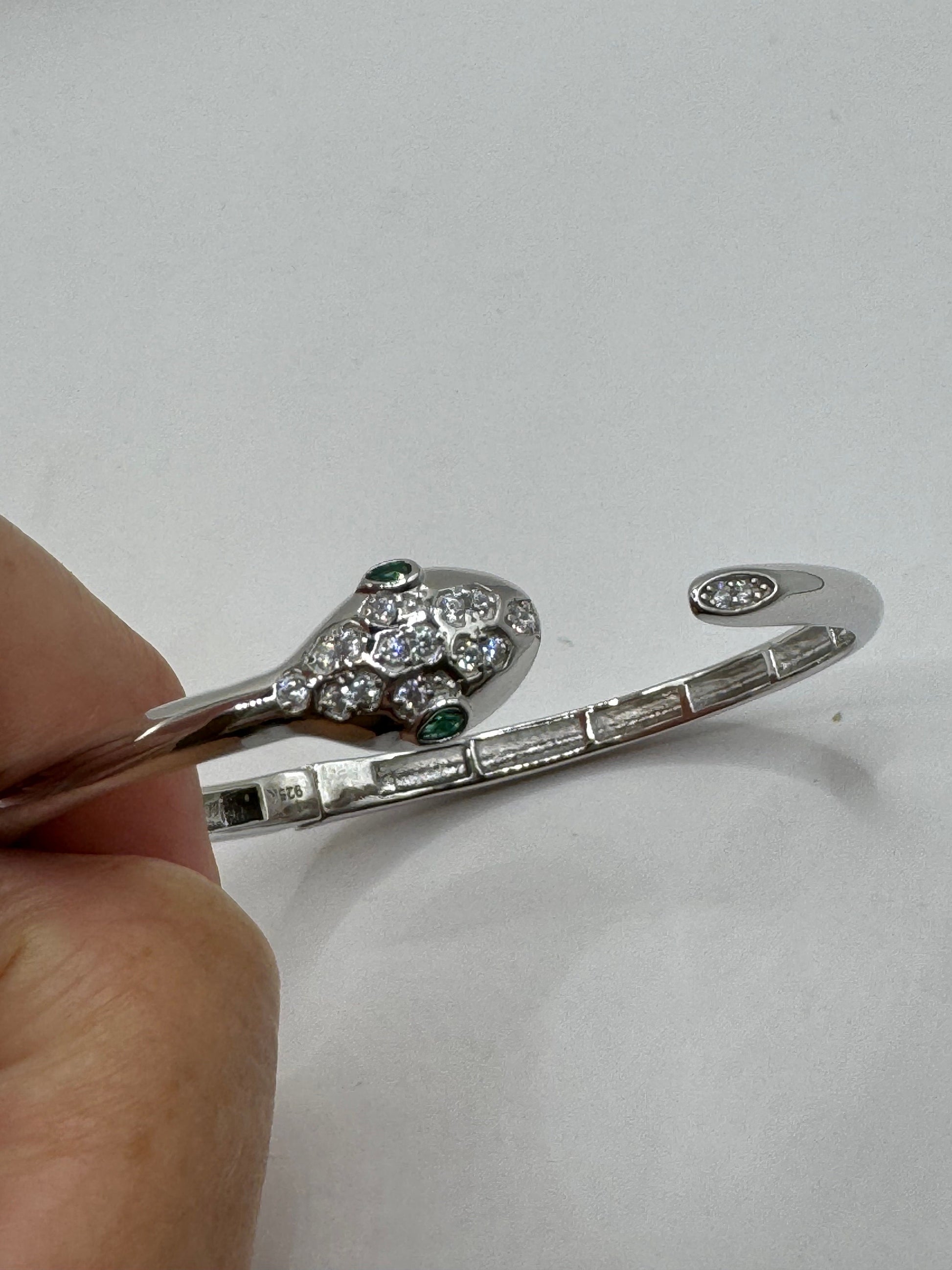 Vintage Snake Bangle Cuff Bracelet 925 Sterling Silver Crystal Pave