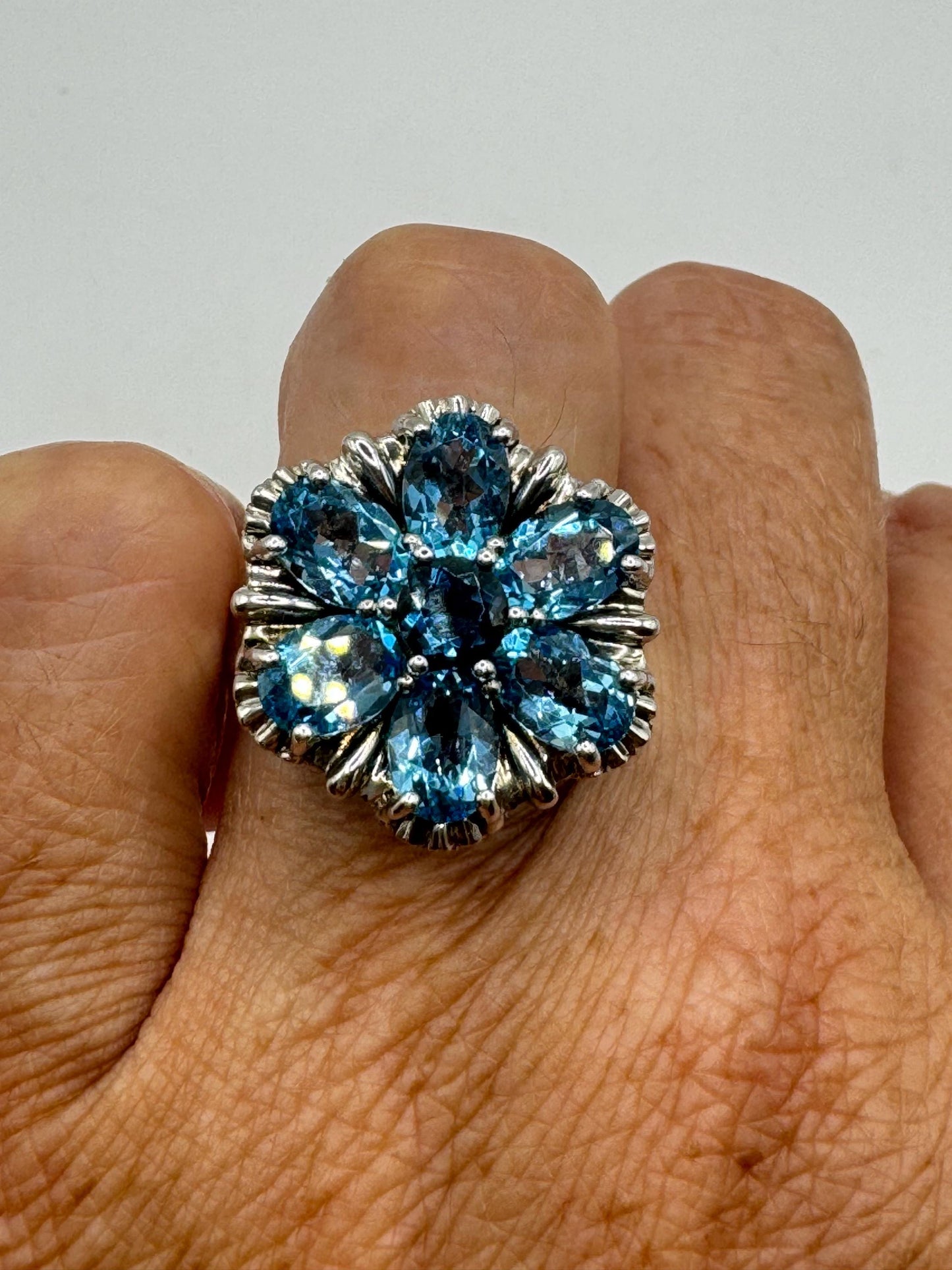 Vintage Genuine Blue Topaz 925 Sterling Silver Flower Cocktail Ring