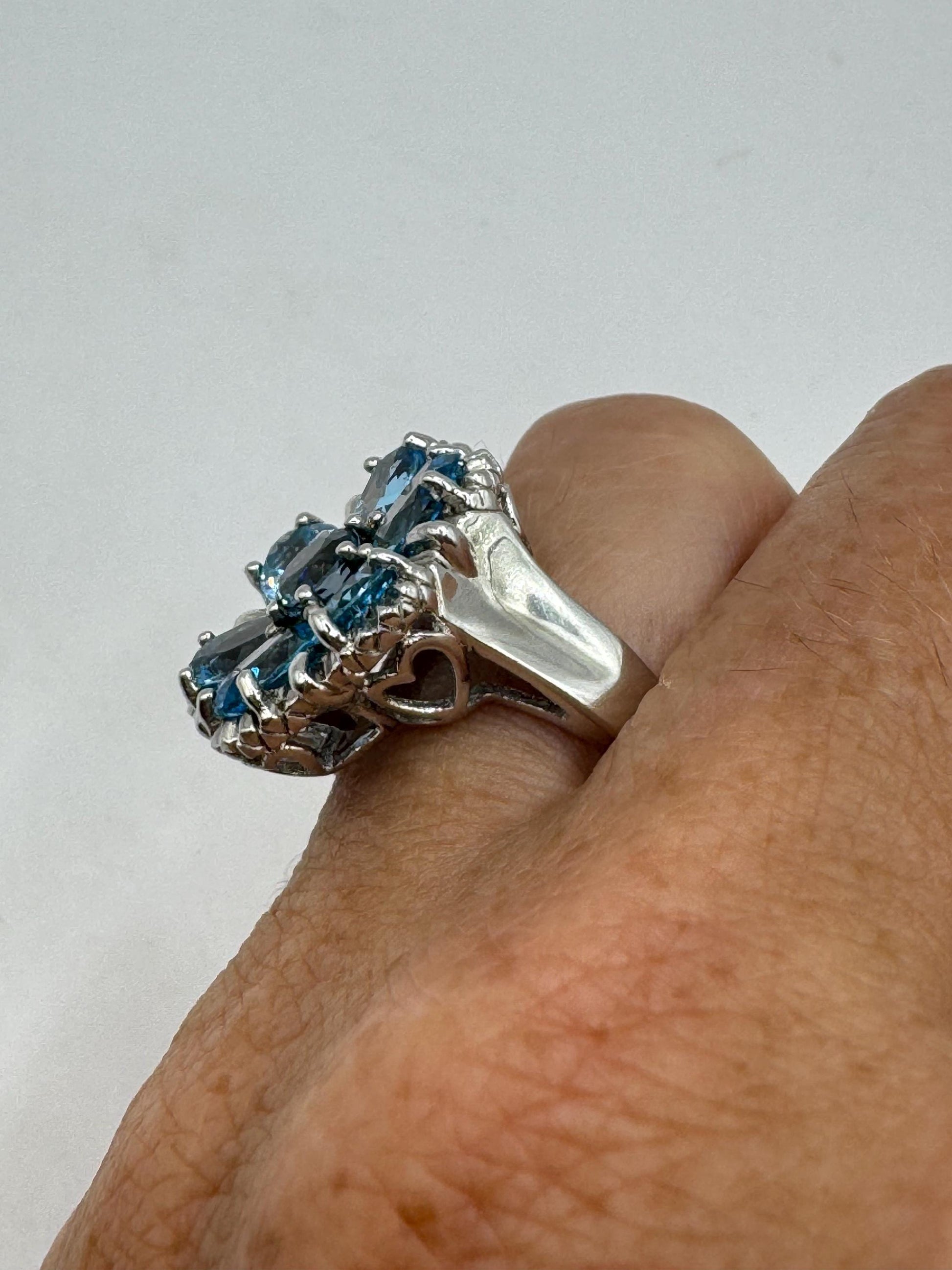 Vintage Genuine Blue Topaz 925 Sterling Silver Flower Cocktail Ring