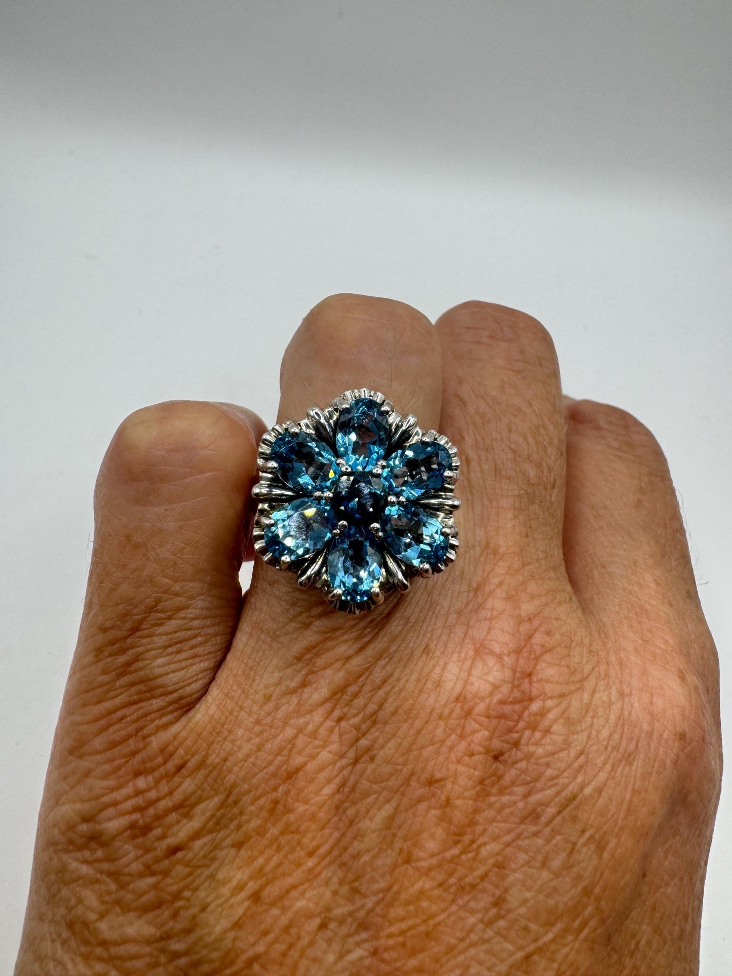 Vintage Genuine Blue Topaz 925 Sterling Silver Flower Cocktail Ring