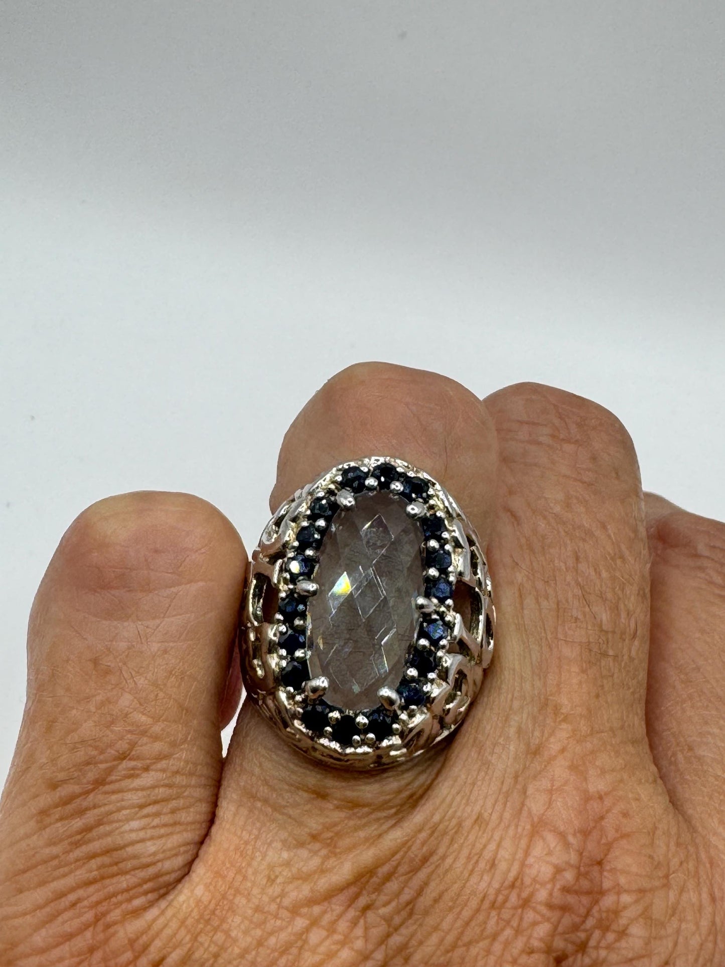Vintage Genuine Blue Topaz and Sapphire 925 Sterling Silver Flower Cocktail Ring