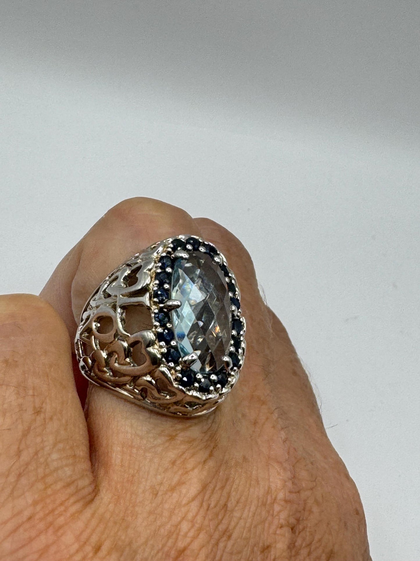 Vintage Genuine Blue Topaz and Sapphire 925 Sterling Silver Flower Cocktail Ring