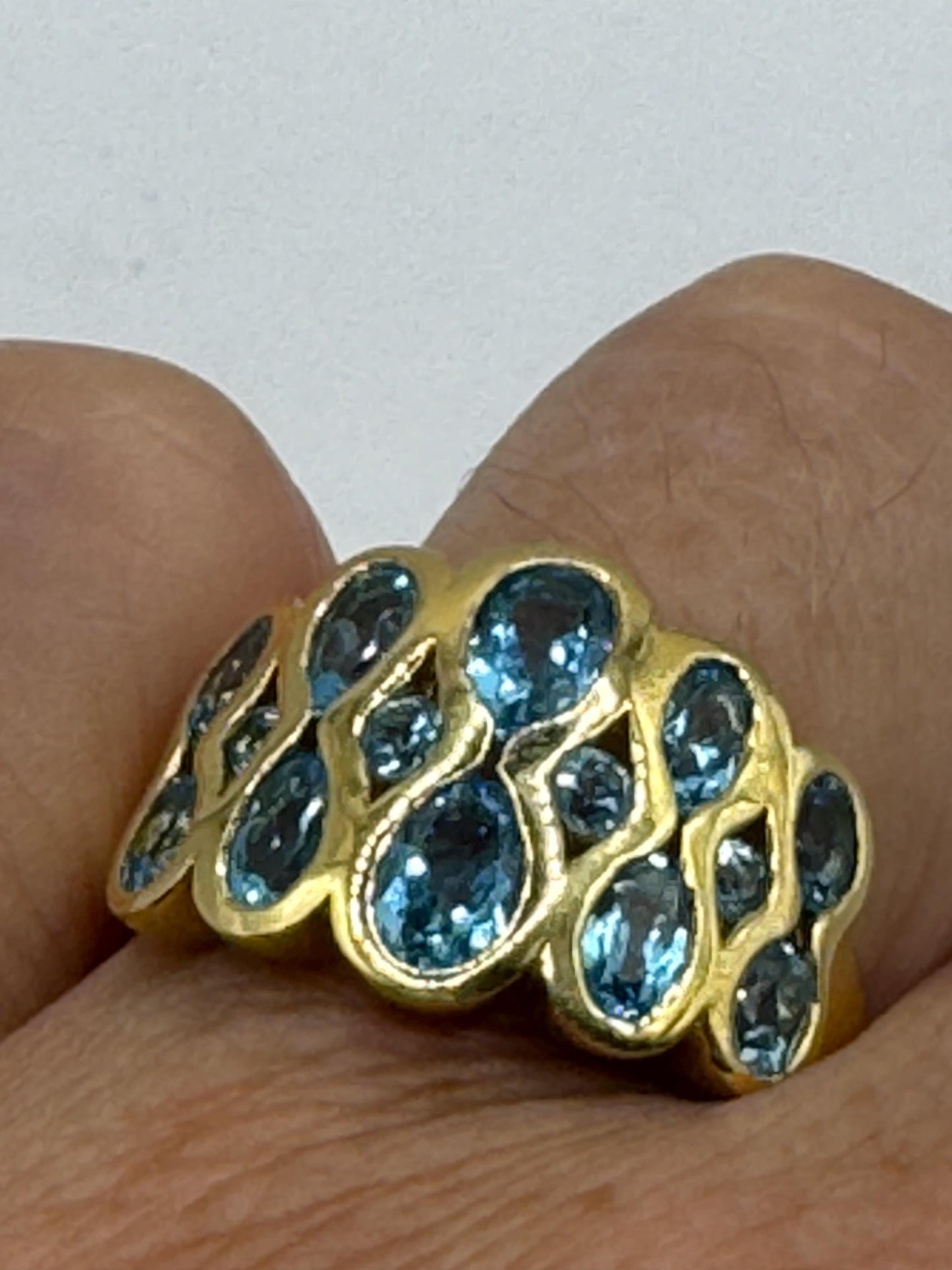 Vintage Genuine Blue Topaz Gold 925 Sterling Silver Cocktail Ring Size 7