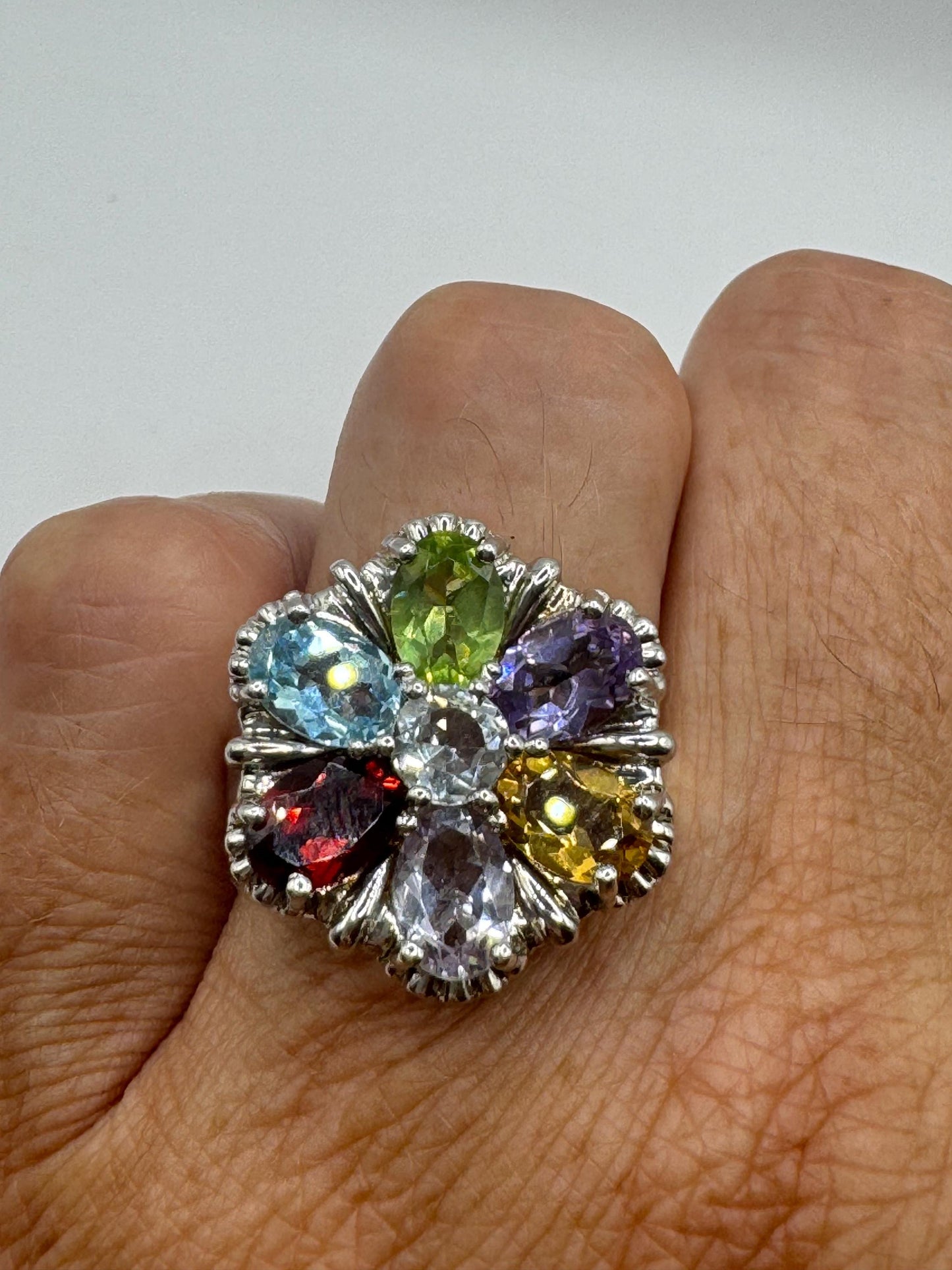 Vintage Genuine Mixed Gemstone 925 Sterling Silver Flower Cocktail Ring
