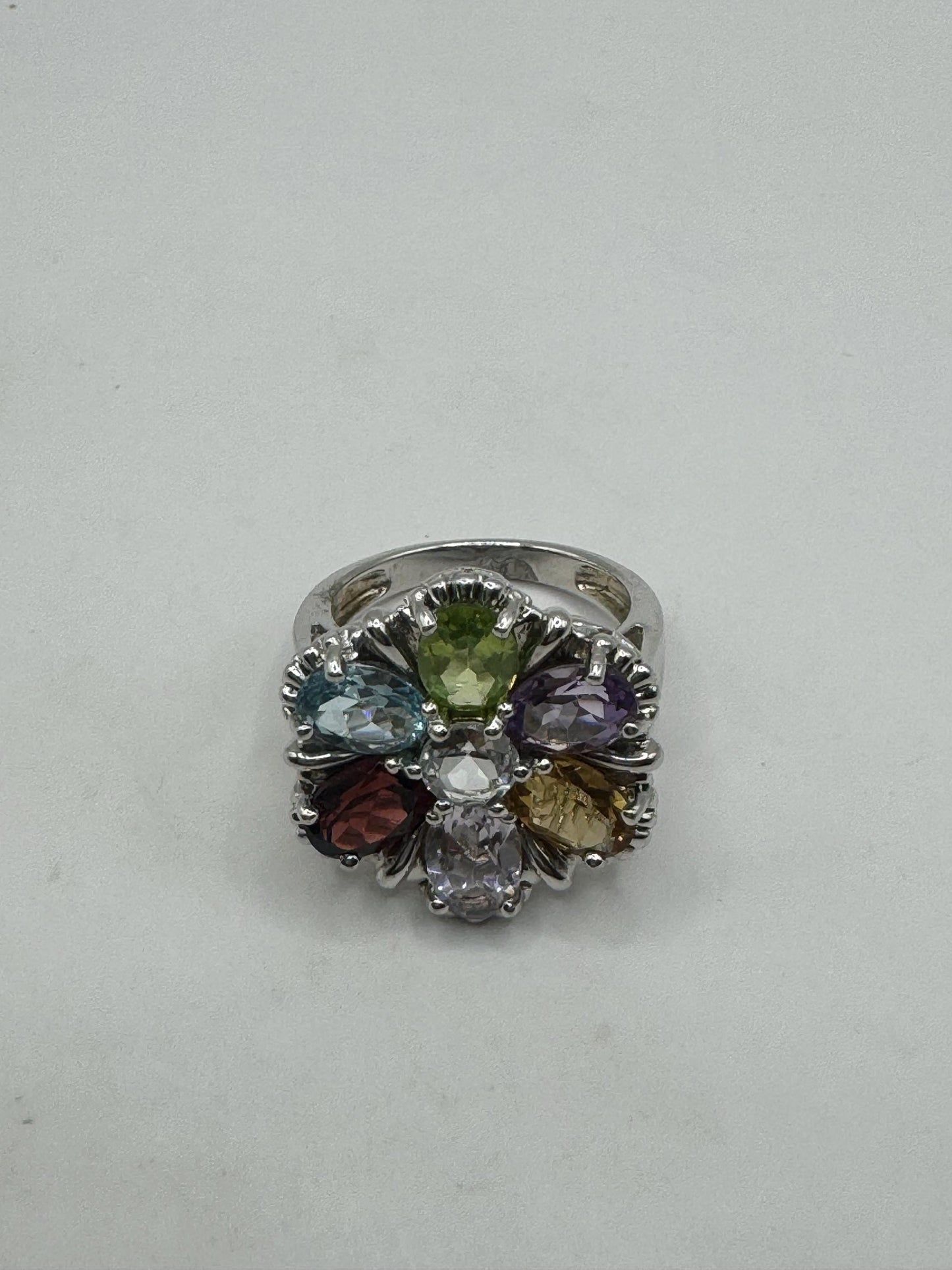Vintage Genuine Mixed Gemstone 925 Sterling Silver Flower Cocktail Ring