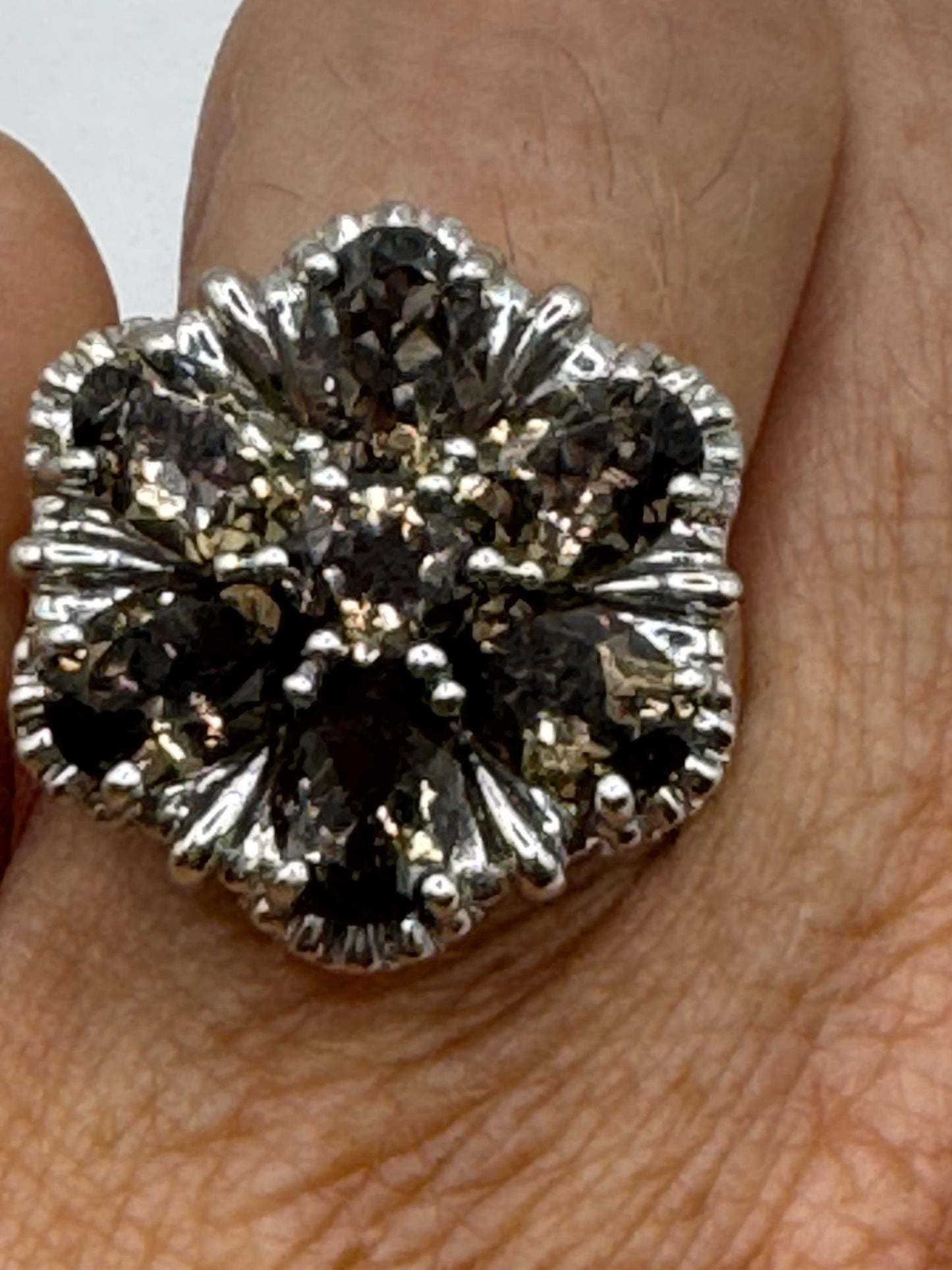 Vintage Genuine Smoky Topaz 925 Sterling Silver Flower Cocktail Ring