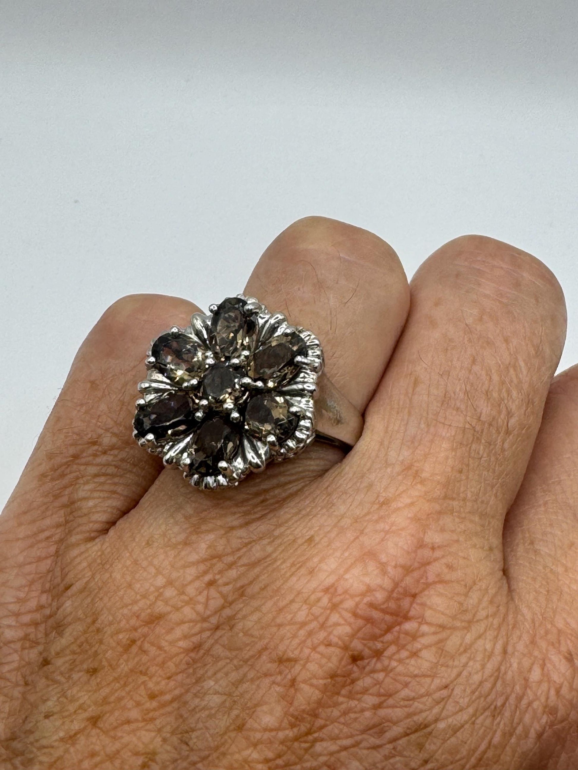 Vintage Genuine Smoky Topaz 925 Sterling Silver Flower Cocktail Ring
