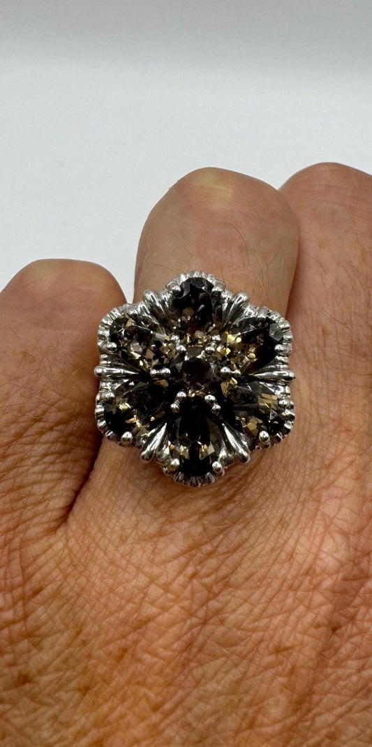 Vintage Genuine Smoky Topaz 925 Sterling Silver Flower Cocktail Ring