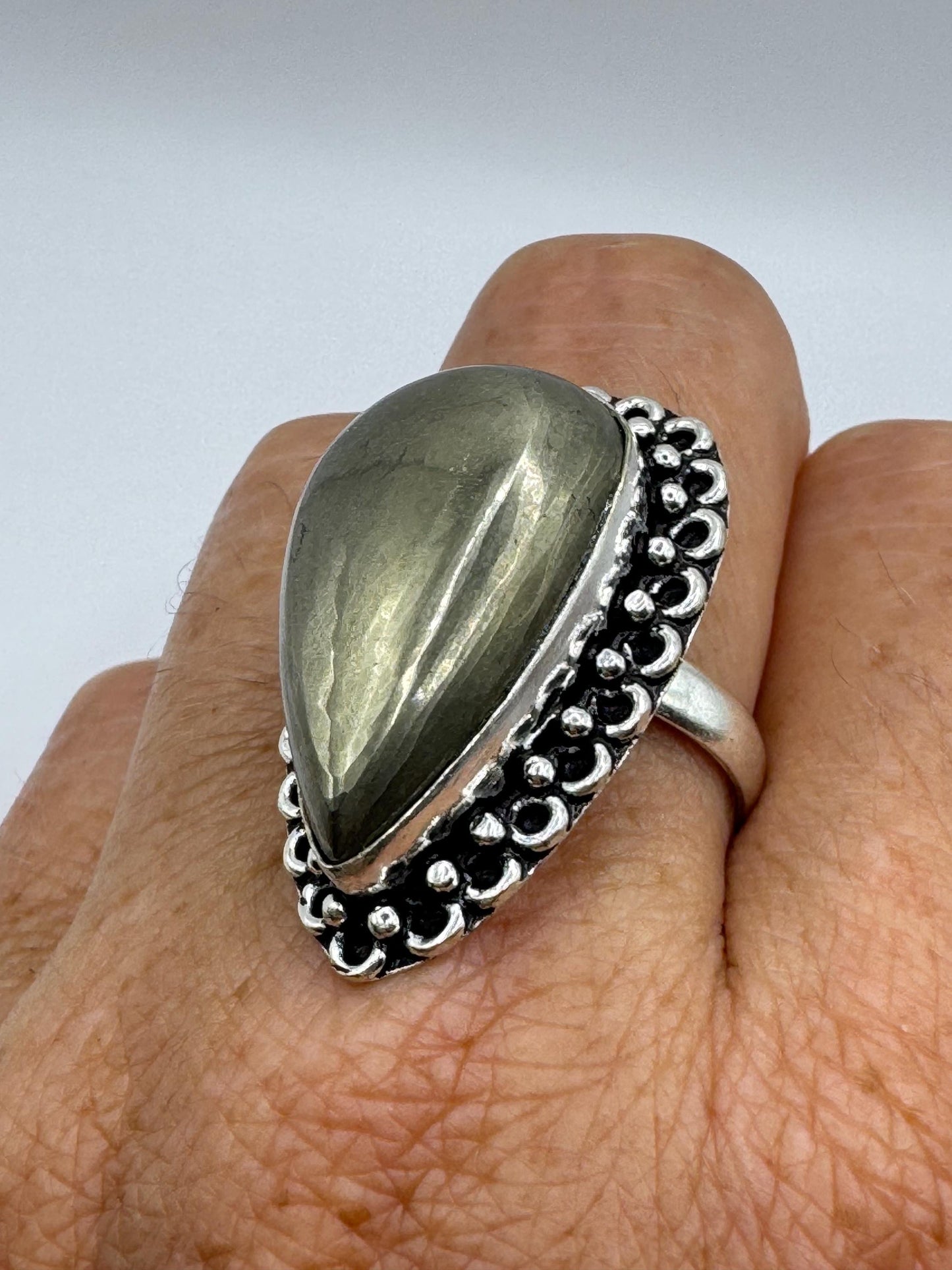 Vintage Gold Pyrite Silver Cocktail Ring Size 8