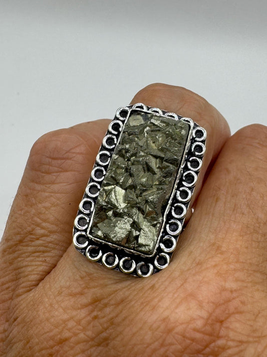 Vintage Gold Pyrite Silver Cocktail Ring Size 7