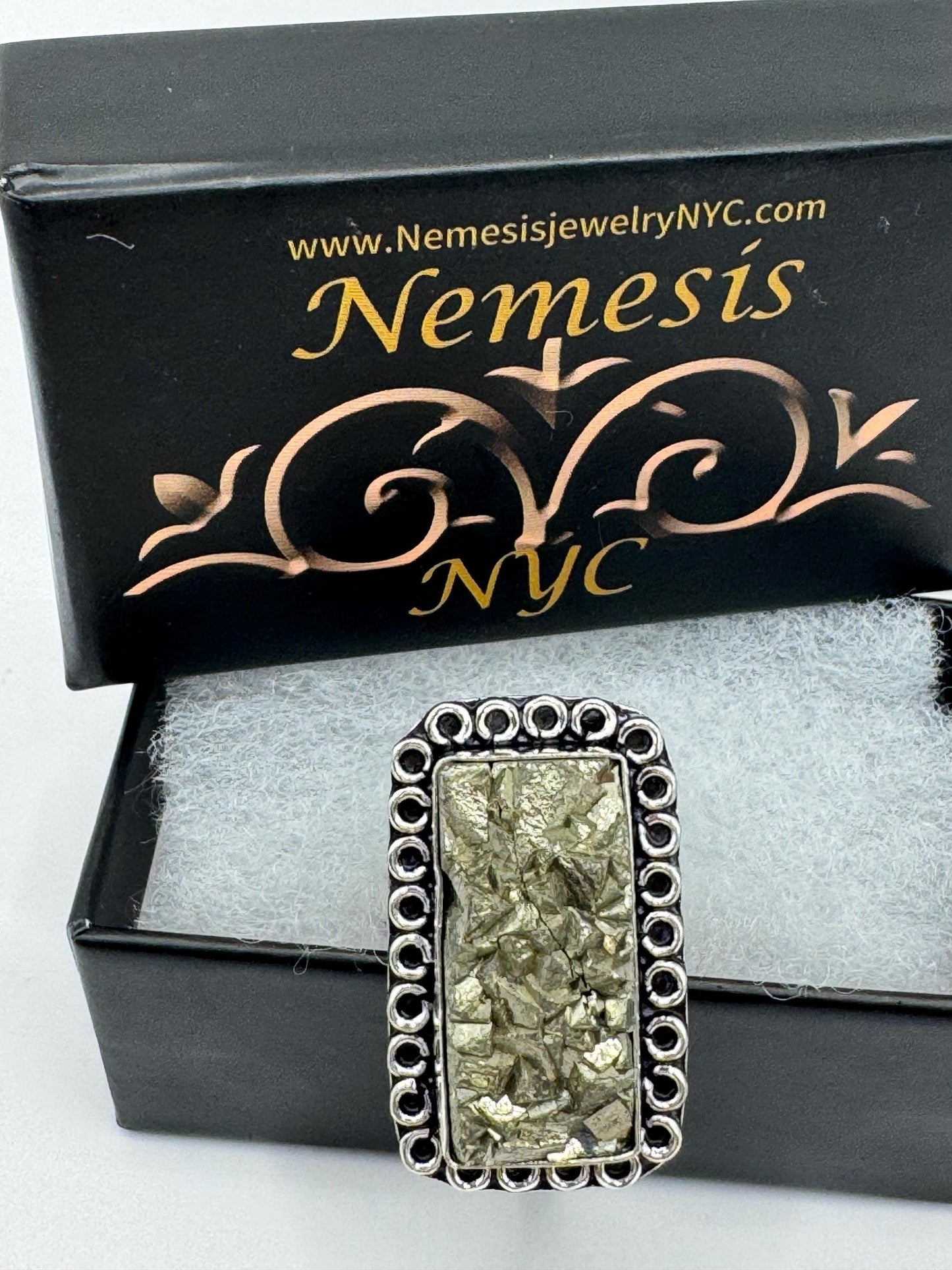 Vintage Gold Pyrite Silver Cocktail Ring Size 7