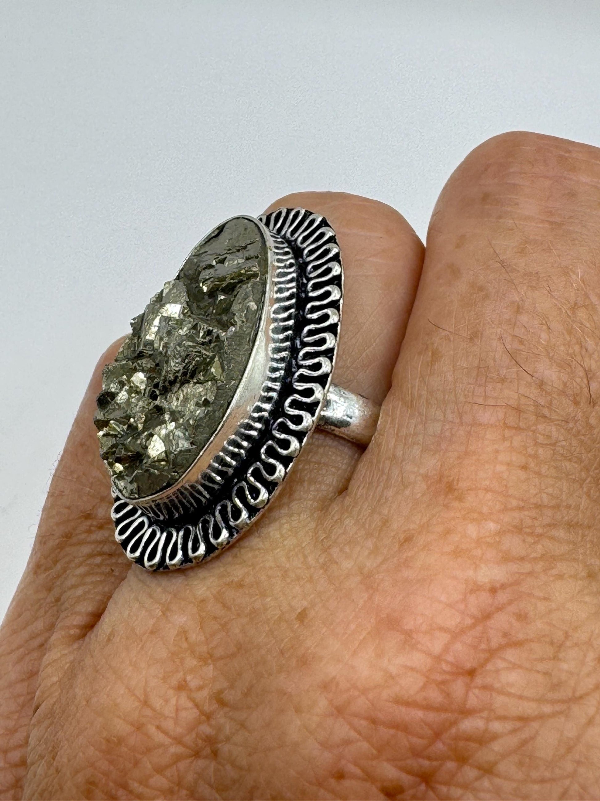 Vintage Gold Pyrite Silver Cocktail Ring Size 8