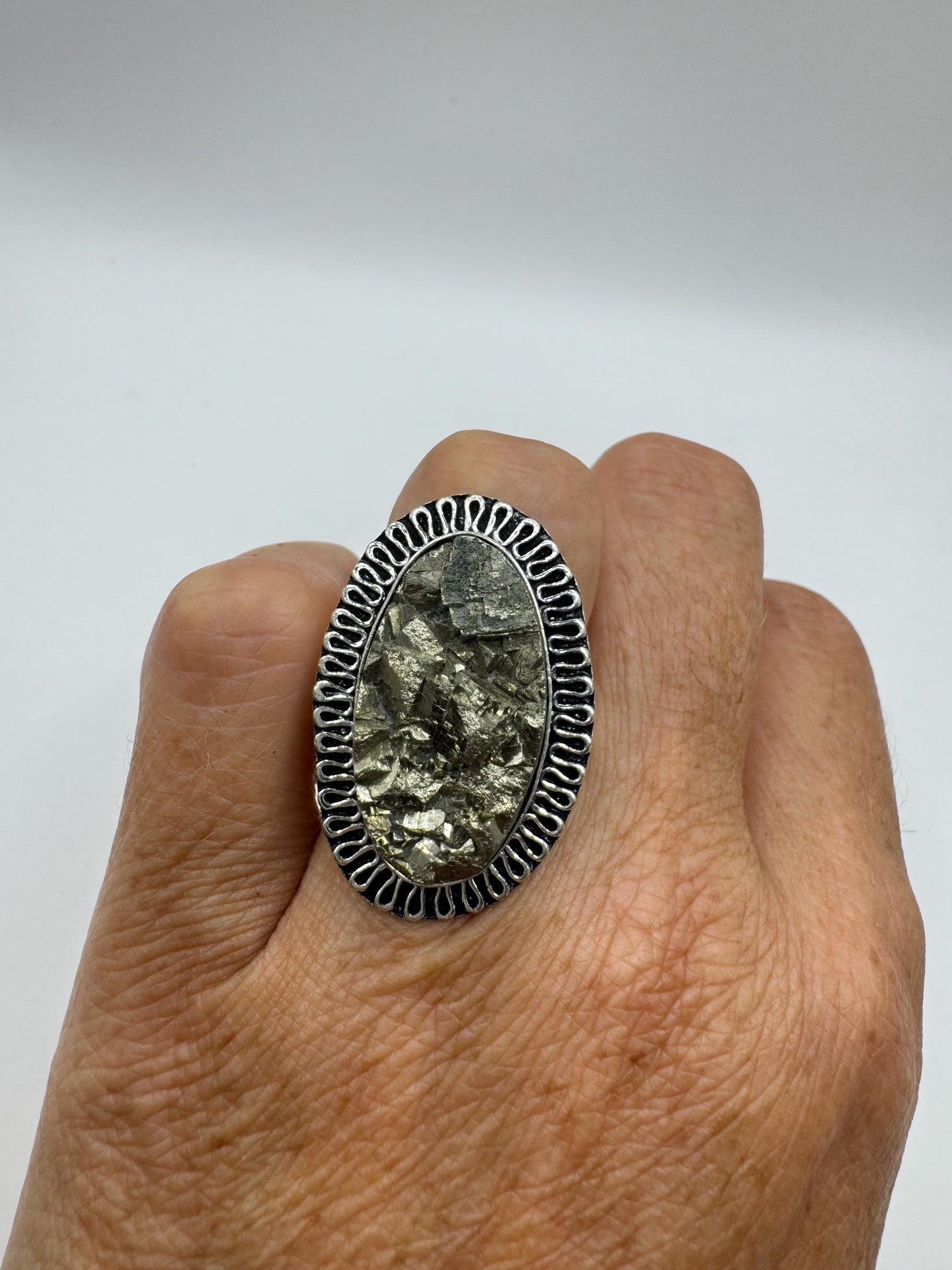 Vintage Gold Pyrite Silver Cocktail Ring Size 8