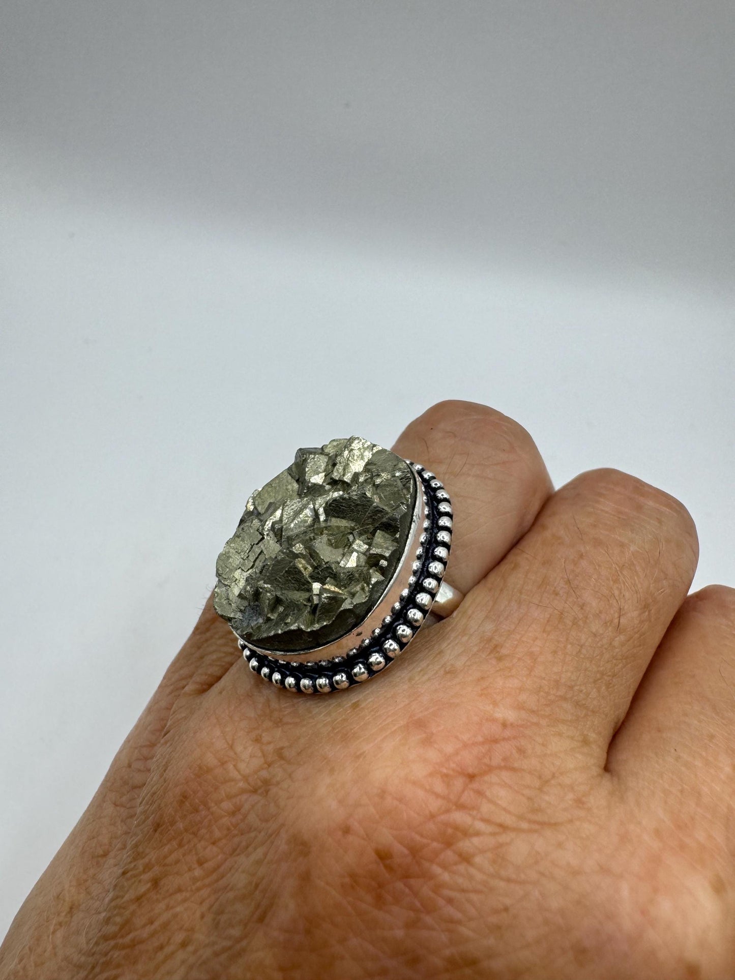 Vintage Gold Pyrite Silver Cocktail Ring Size 7.5