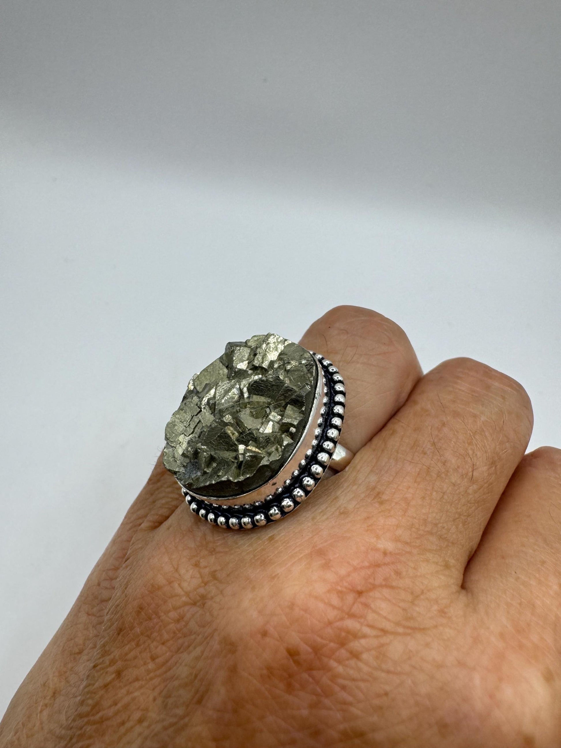 Vintage Gold Pyrite Silver Cocktail Ring Size 7.5