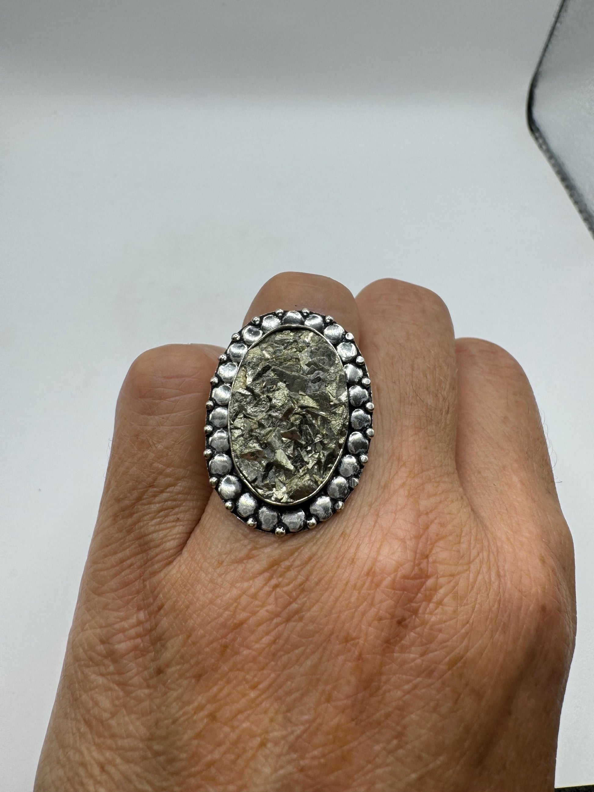 Vintage Gold Pyrite Silver Cocktail Ring Size 8