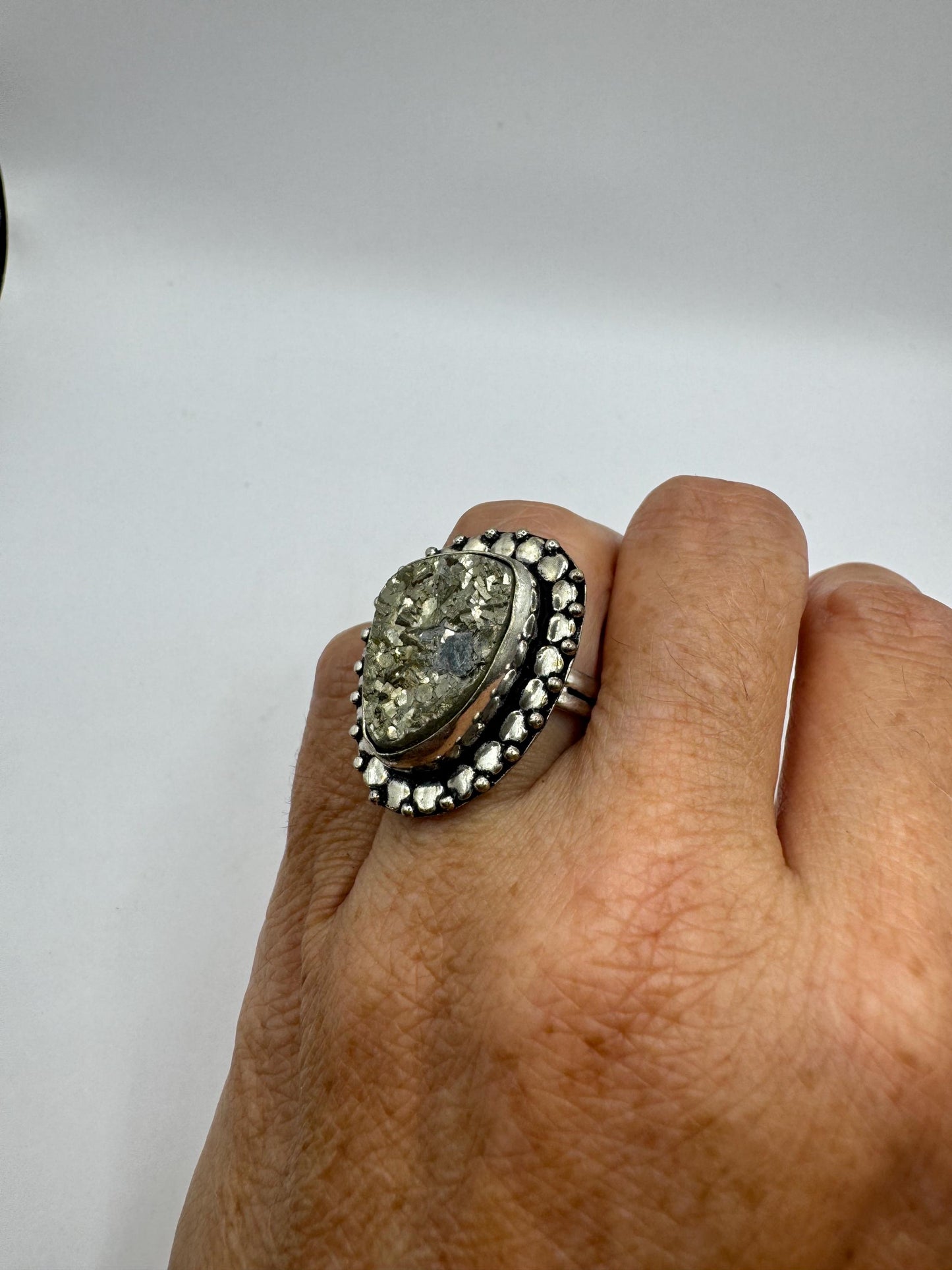 Vintage Gold Pyrite Silver Cocktail Ring Size 7