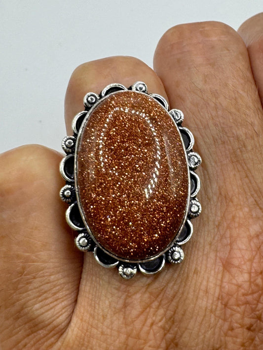 Vintage Handmade Gold Sandstone Setting Silver Boho Statement Ring 8.25