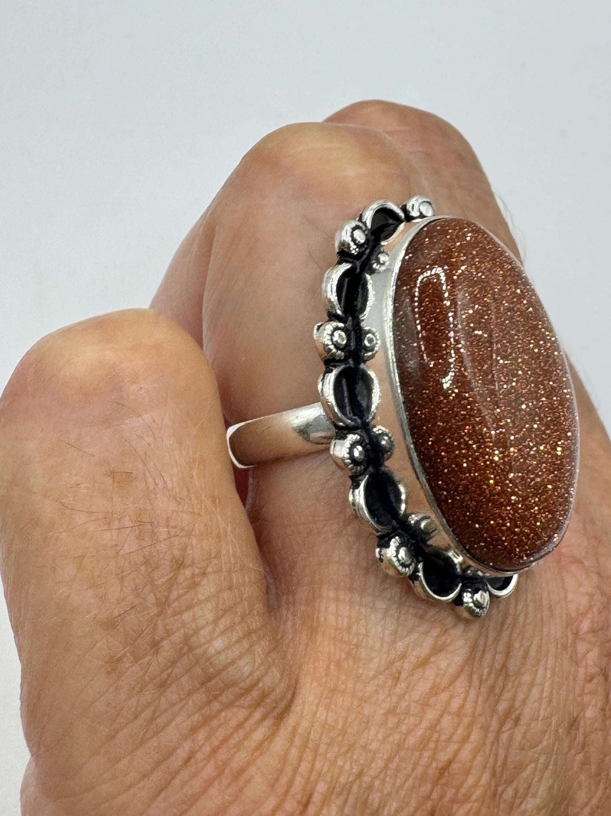 Vintage Handmade Gold Sandstone Setting Silver Boho Statement Ring 8.25