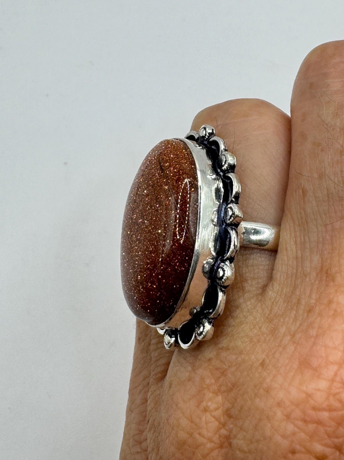 Vintage Handmade Gold Sandstone Setting Silver Boho Statement Ring 8.25