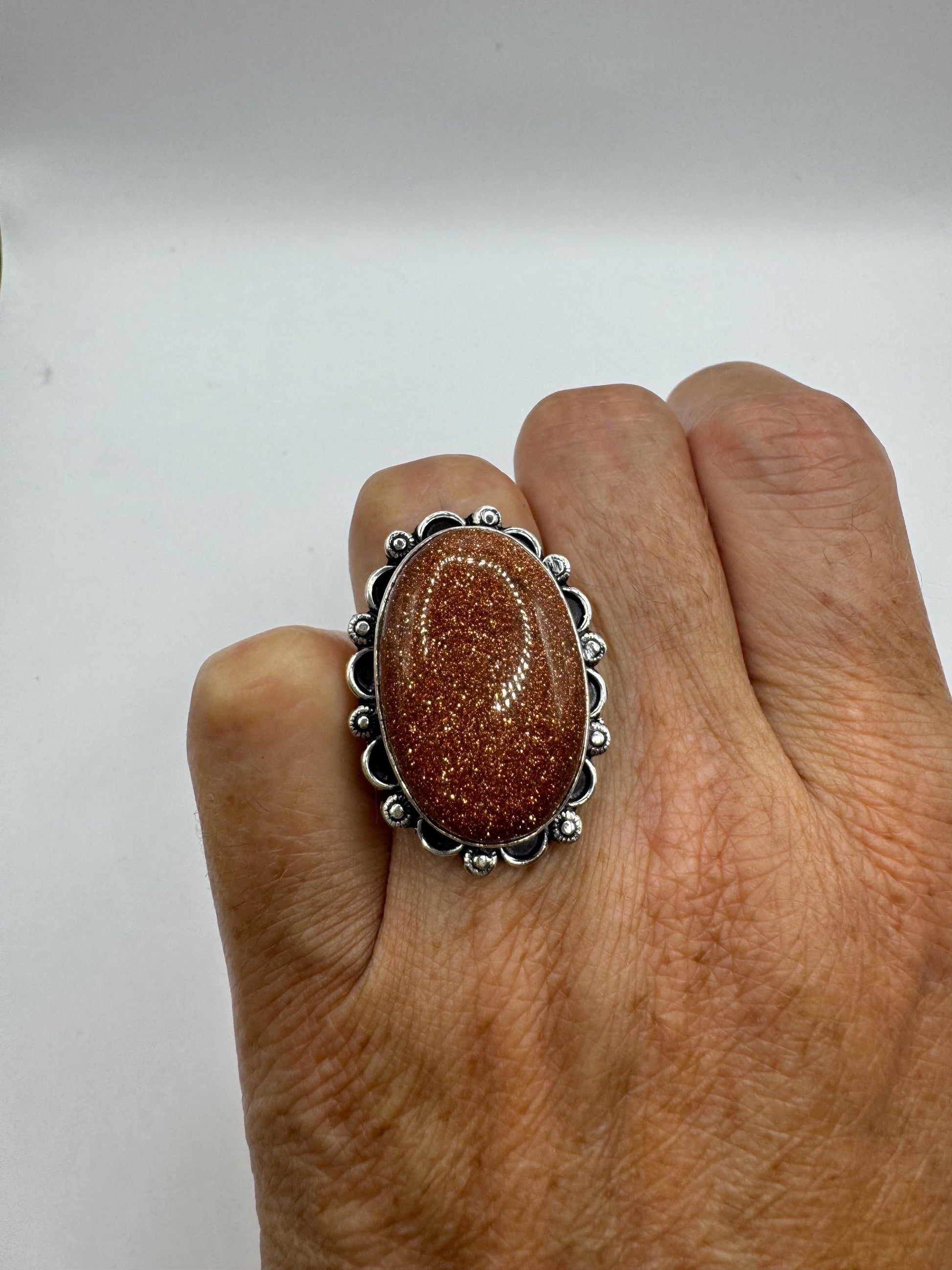 Vintage Handmade Gold Sandstone Setting Silver Boho Statement Ring 8.25