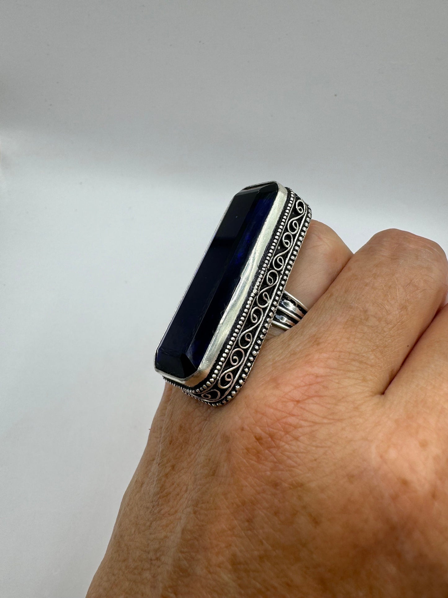 Vintage Blue Colbolt Glass Deco Cocktail Ring Size 6.5