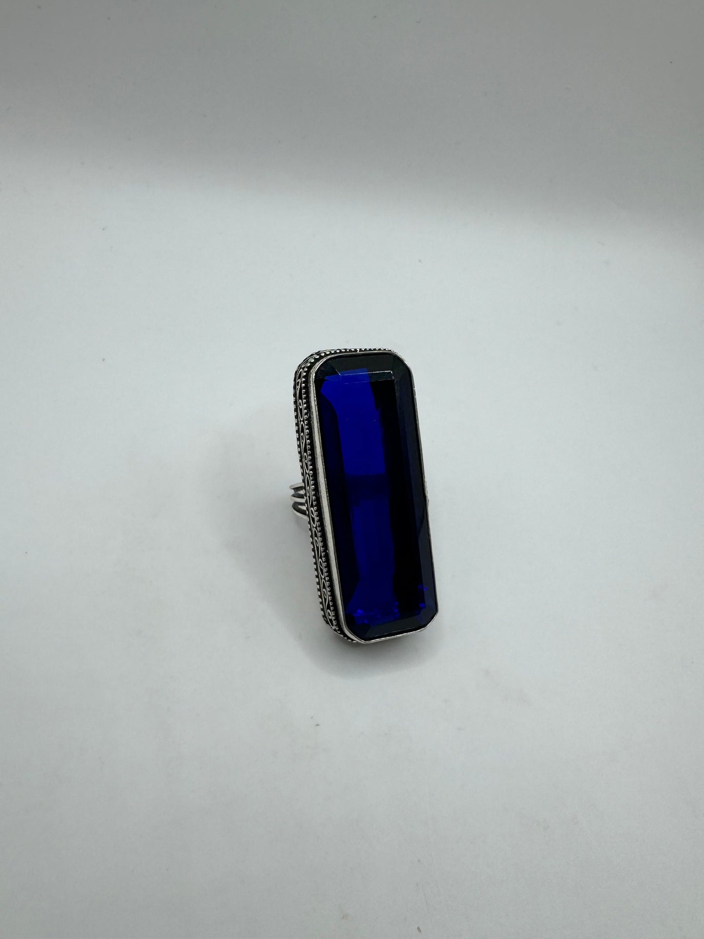 Vintage Blue Colbolt Glass Deco Cocktail Ring Size 6.5
