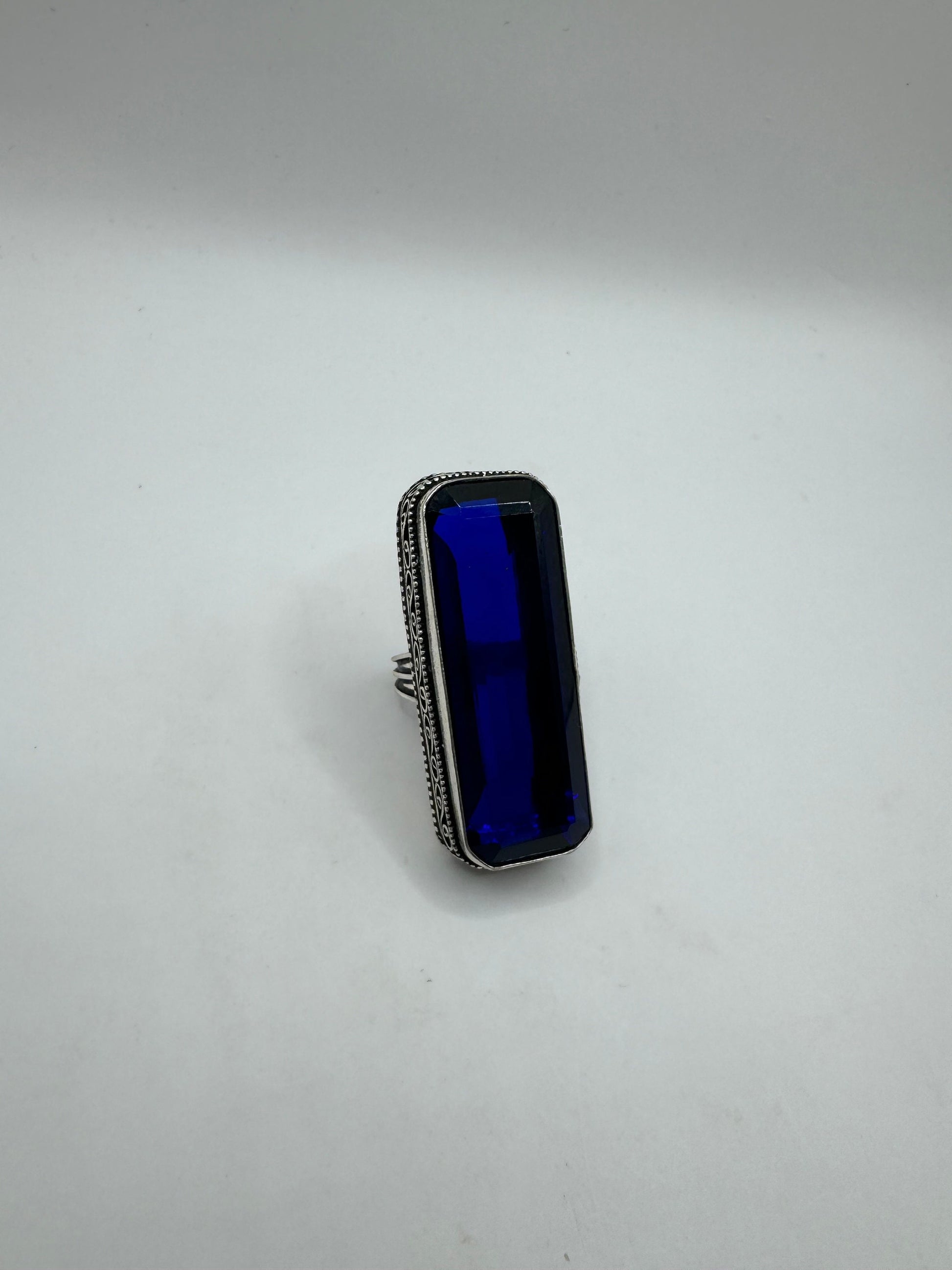Vintage Blue Colbolt Glass Deco Cocktail Ring Size 6.5