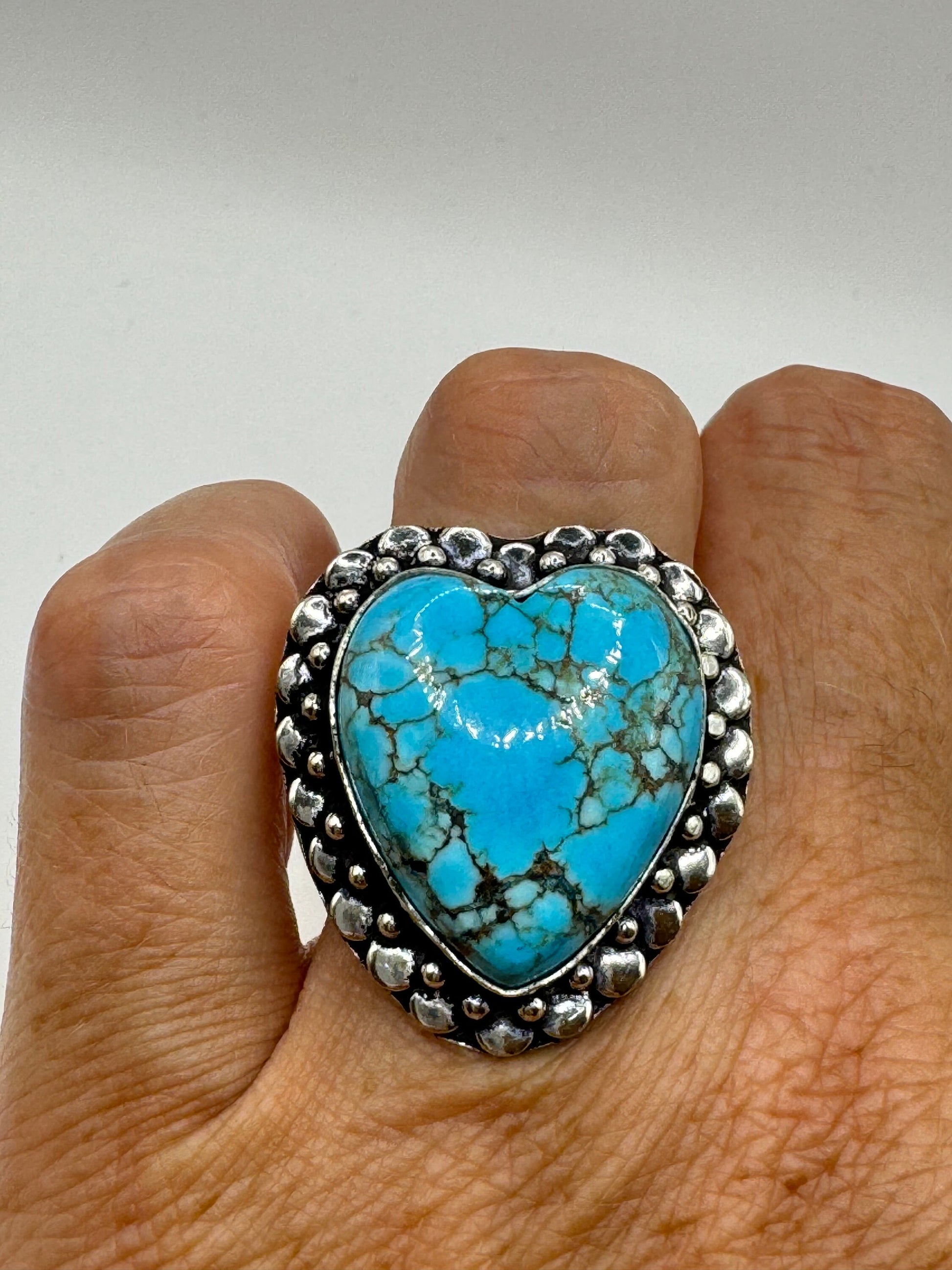 Vintage Blue Genuine Tibetan Turquoise Statement Chunky Heart Cocktail Ring Size 7
