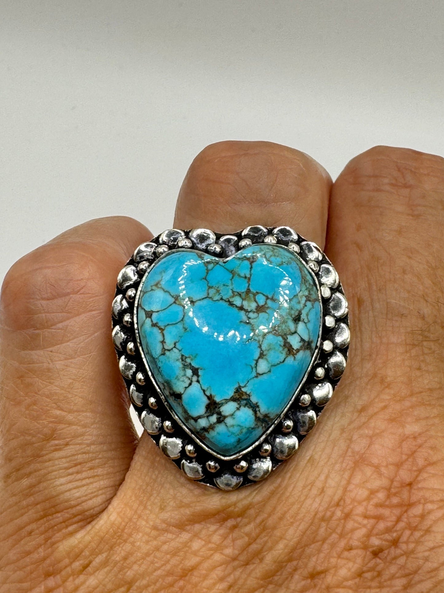 Vintage Blue Genuine Tibetan Turquoise Statement Chunky Heart Cocktail Ring Size 7
