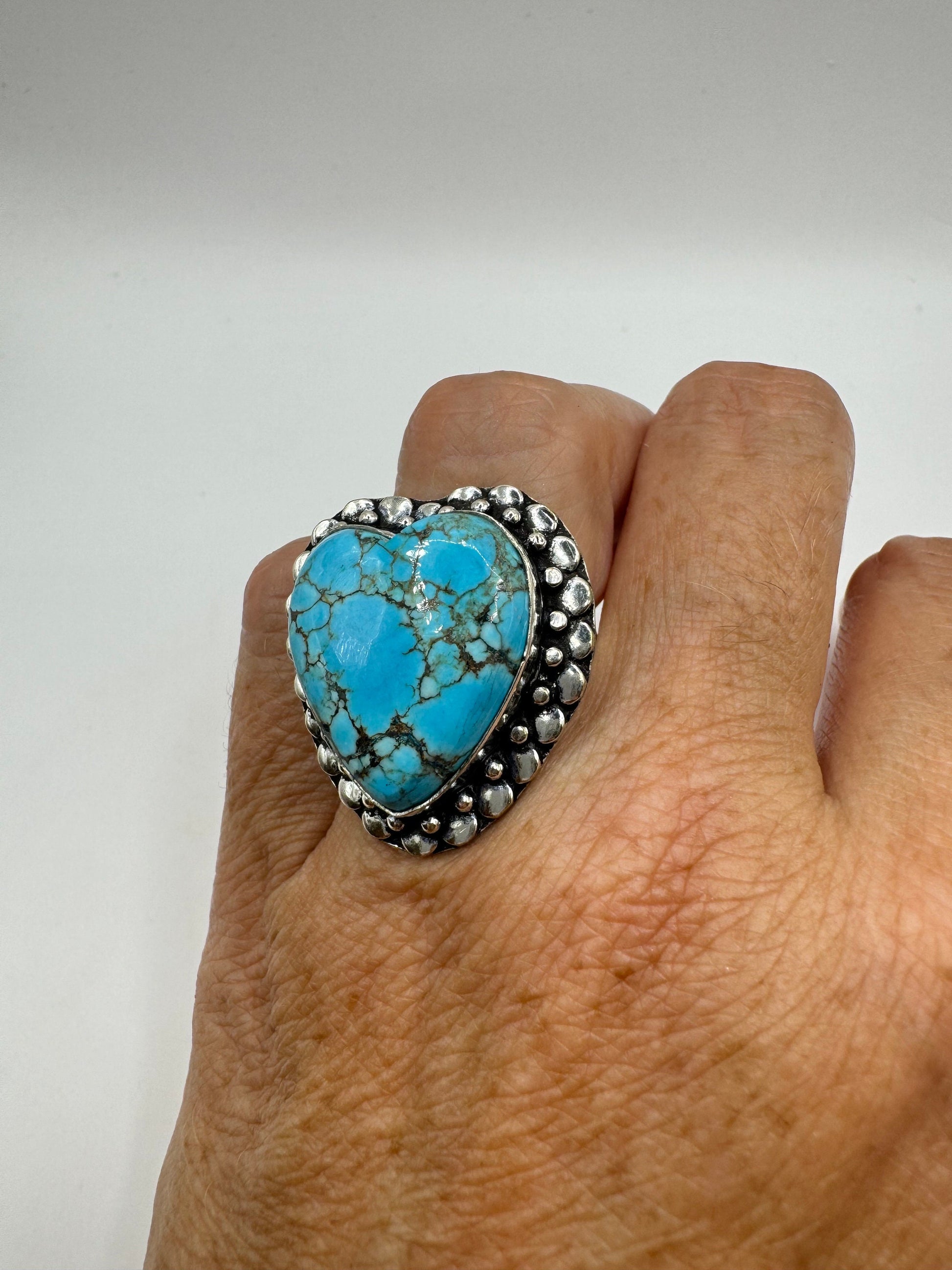 Vintage Blue Genuine Tibetan Turquoise Statement Chunky Heart Cocktail Ring Size 7